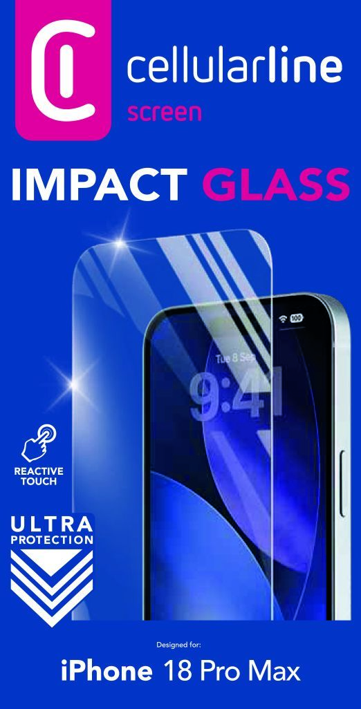 Cellularline Impact Glass Displayschutzfolie für iPhone 18 Pro Max auf blauem Hintergrund mit Text.
