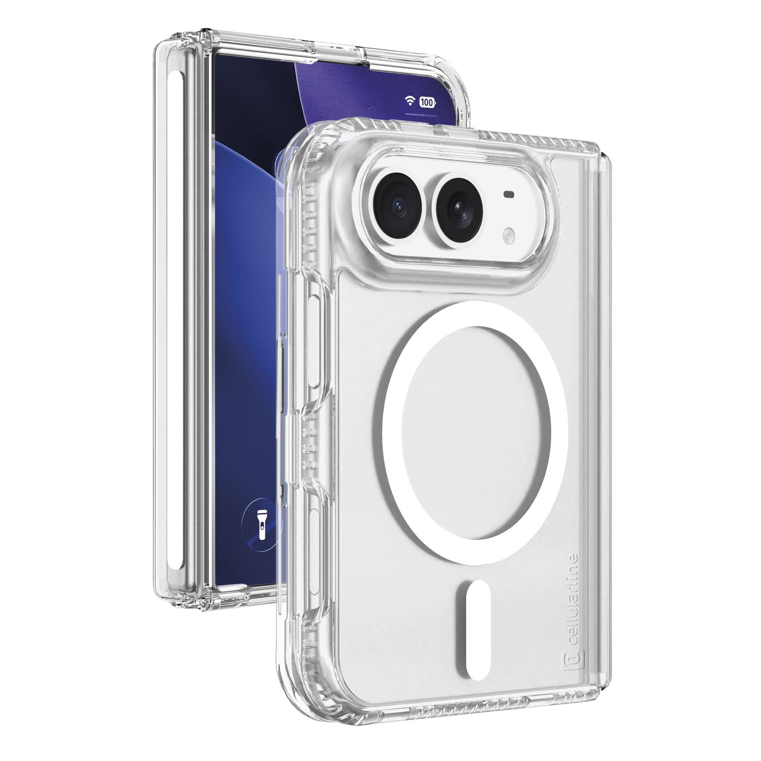 Klare Schutzhülle mit magnetischem Ring auf der Rückseite, über einem Smartphone mit blauem Bildschirm.