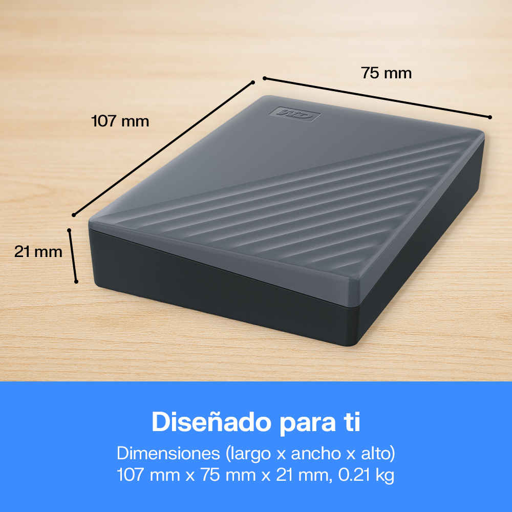 Disco My Passport USB-C Gris. Diseño para ti. Dimensiones (largo x ancho x alto) 107 mm x 75 mm x 21 mm, 0.21 kg