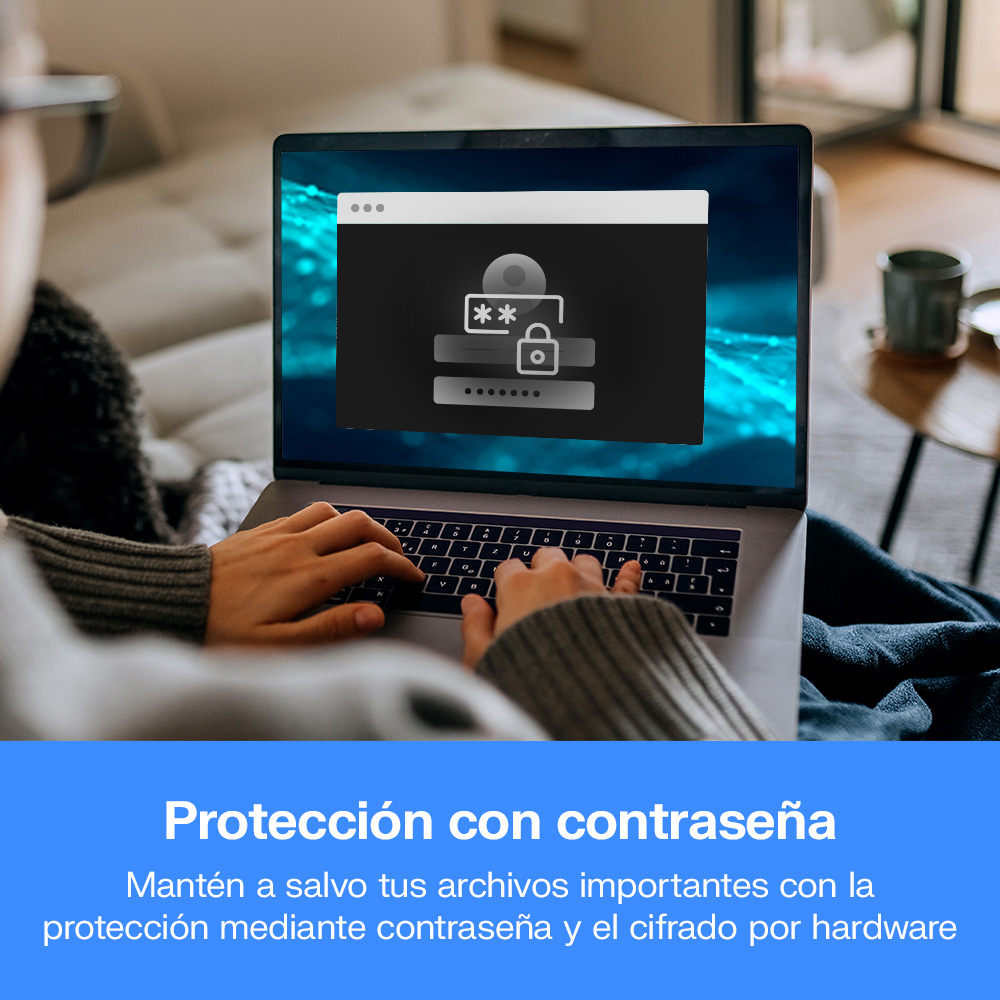 Disco con protección con contraseña. Mantén a salvo tus archivos importantes con la protección mediante contraseña y el cifrado por hardware
