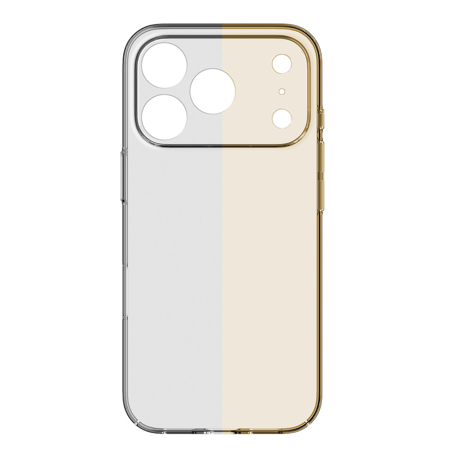 Eine transparente Handyhülle mit Kameraausschnitten, vertikal in eine silberne und eine goldene Seite geteilt.