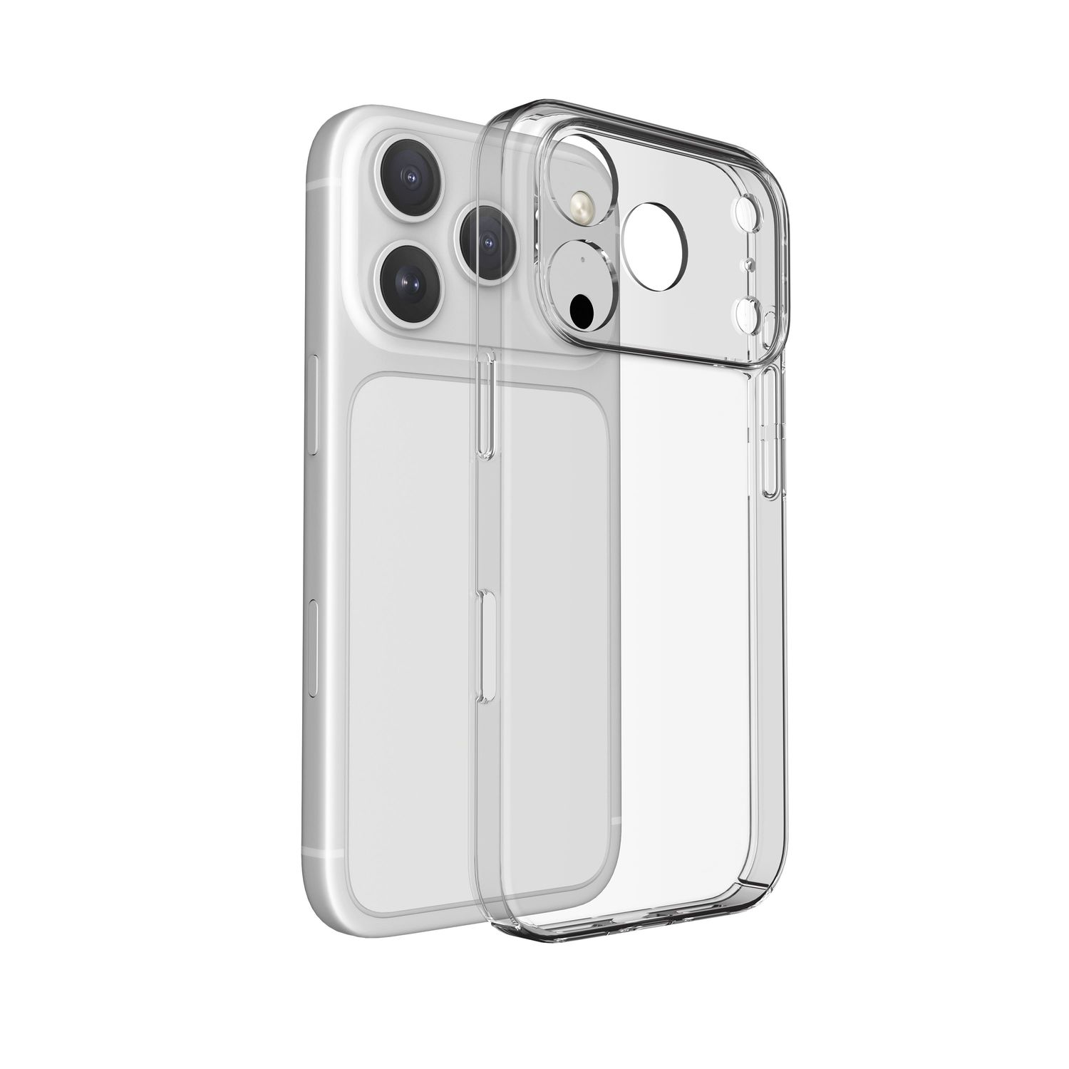 Ein Smartphone mit dreifacher Kamera und einer klaren Schutzhülle, die daneben steht.