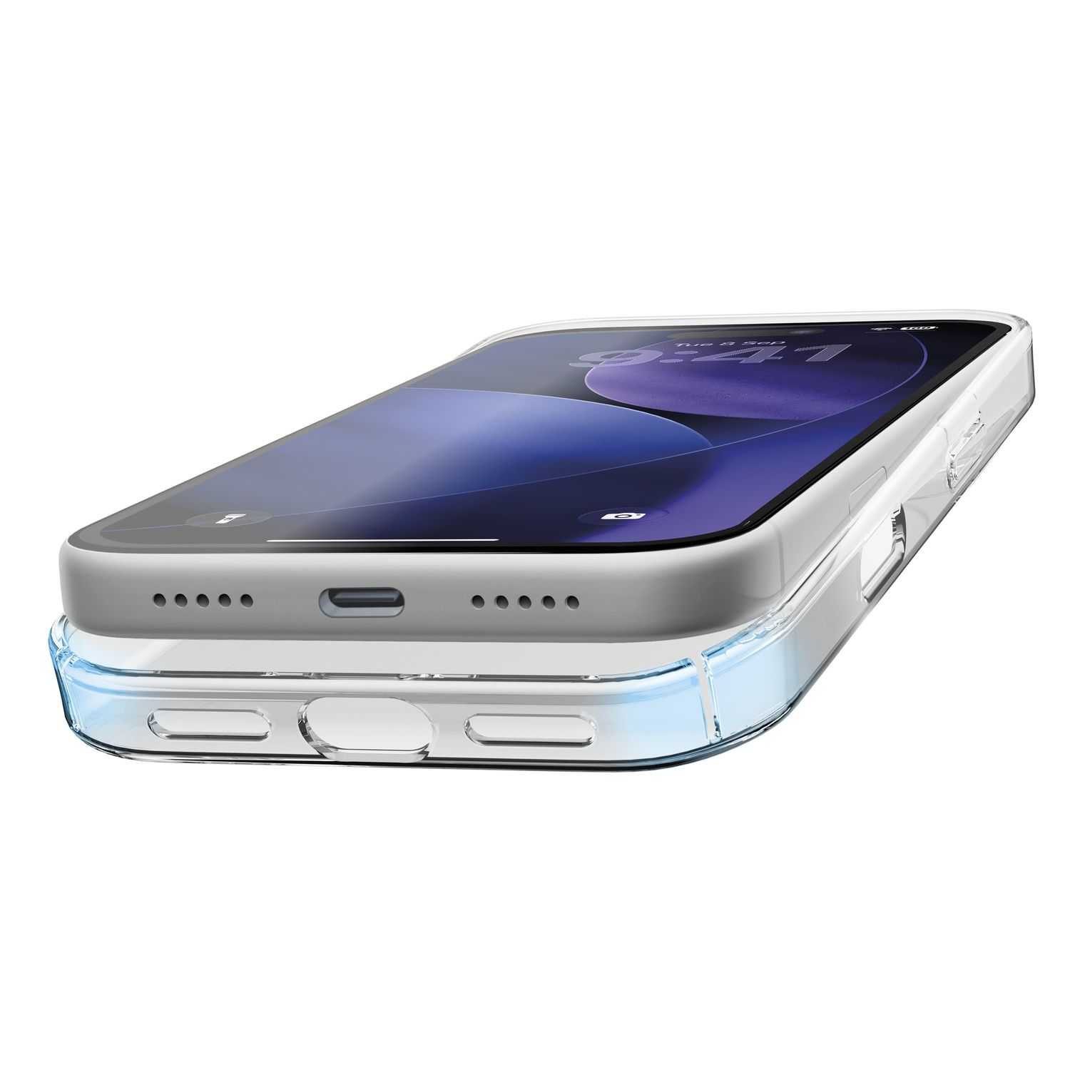 Ein Smartphone liegt flach auf einer transparenten Schutzhülle mit Blick auf die Unterseite des Geräts.