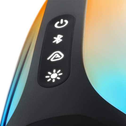 Czarny panel sterowania z czterema świecącymi na biało ikonami zasilania, bluetooth, ustawień i jasno ści.