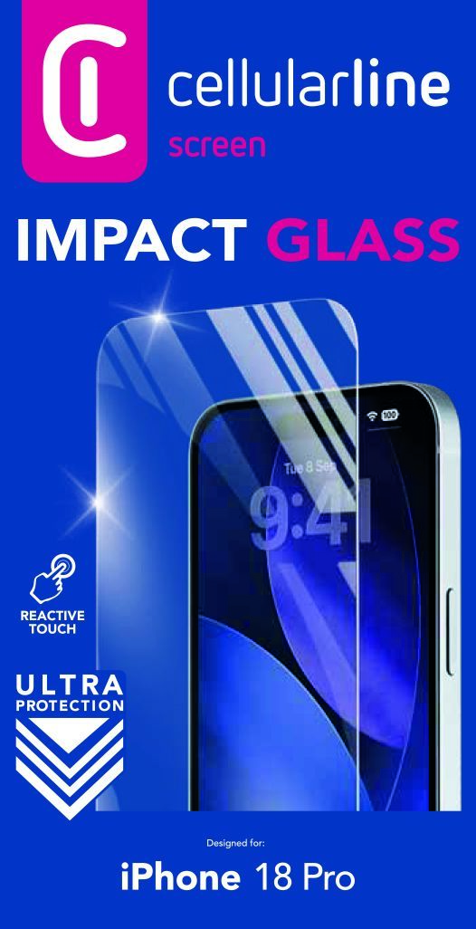 Werbung für Cellularline Impact Glass Bildschirmschutz für iPhone 18 Pro mit blauen Hintergrund und Logos.