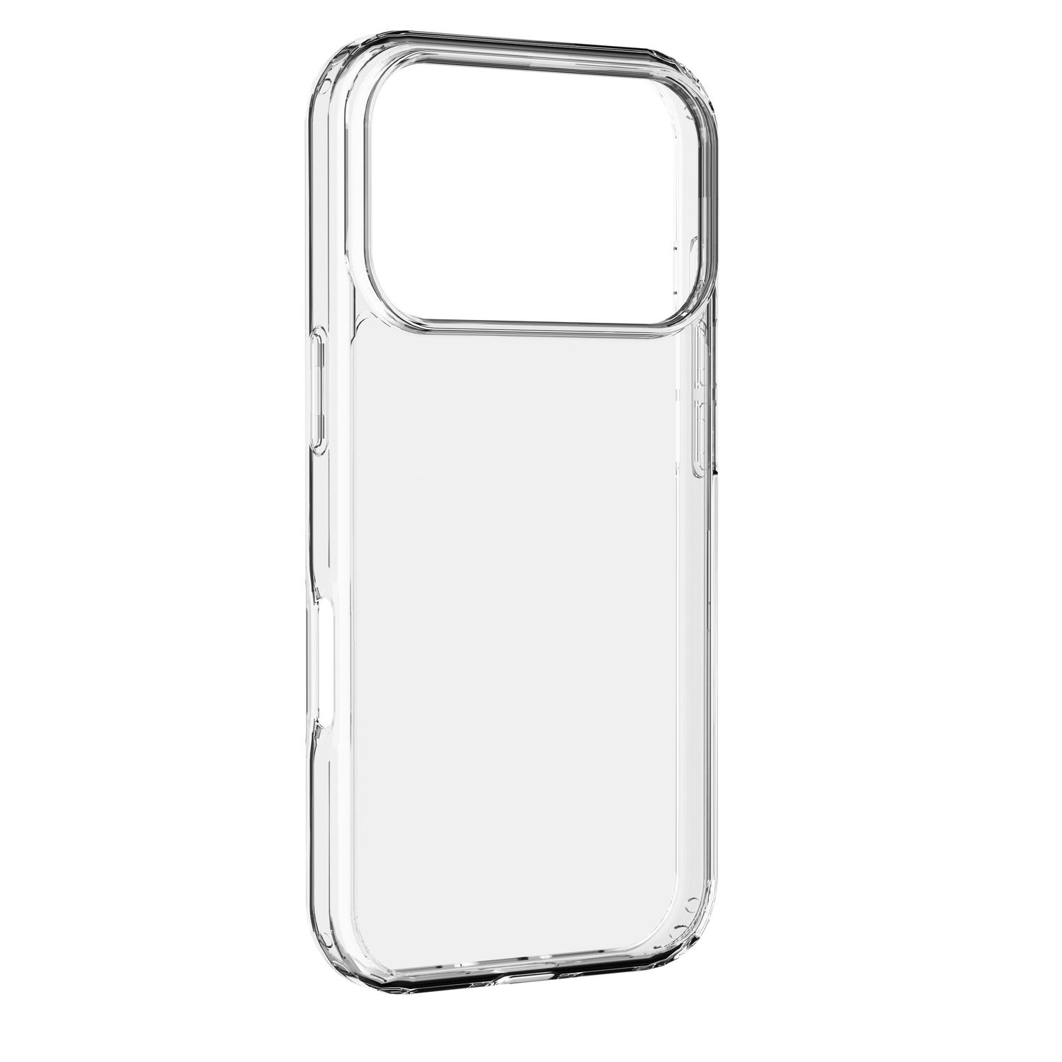 Eine transparente Schutzhülle für ein Smartphone mit Aussparungen für die Kamera und Tasten.