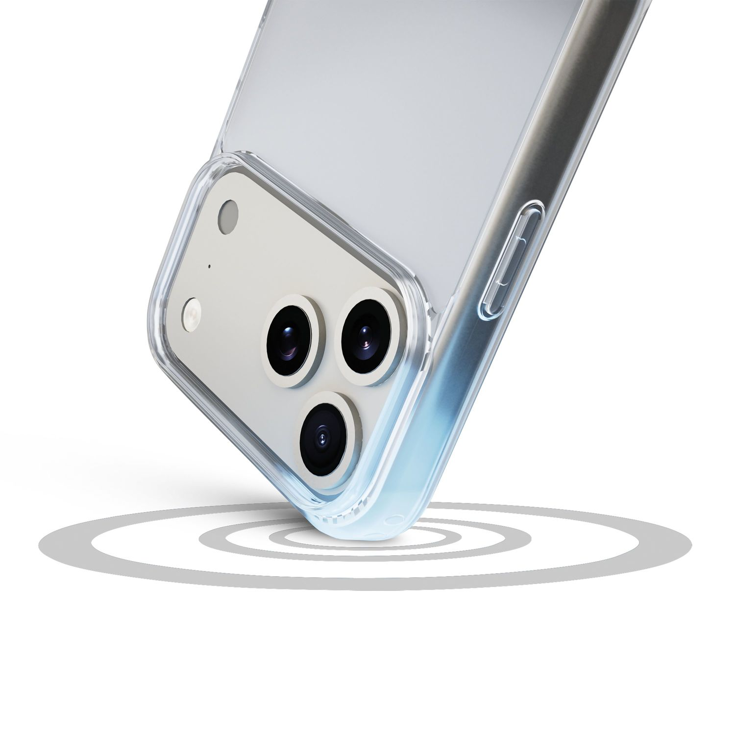 Ein Smartphone mit dreifacher Kamera und transparenter Hülle stößt leicht an und erzeugt graue Kreiswellen.