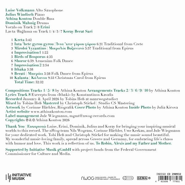 Rückseite einer Musik-CD mit Trackliste, Musikernamen und Produktionstexten in grüner Schrift.