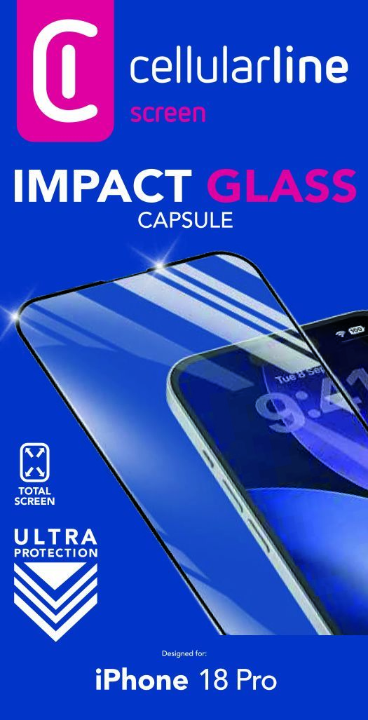 Cellularline Impact Glass Displayschutzfolie für iPhone 18 Pro in blauer Verpackung mit Text.