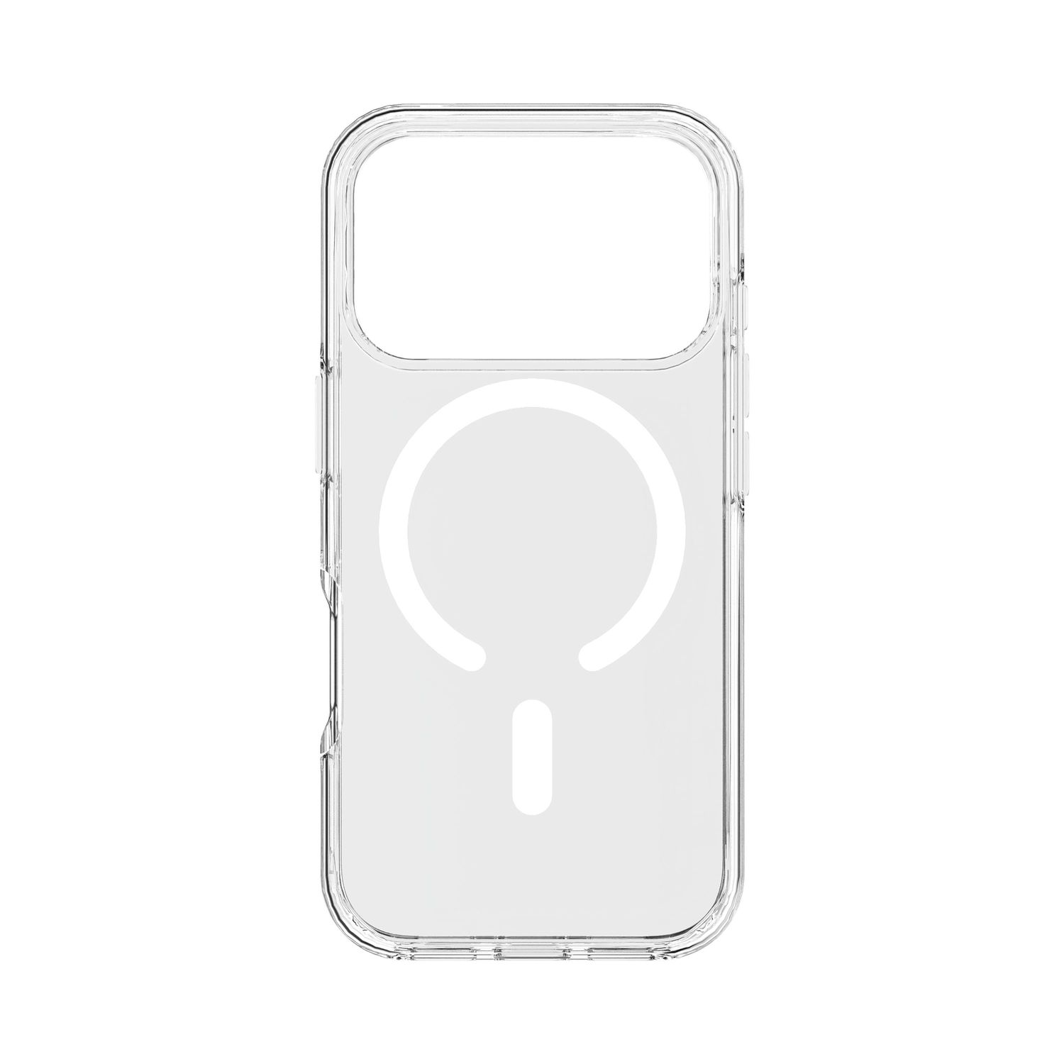 Transparente Handyhülle mit weißem MagSafe-Ring und Kameraaussparung auf weißem Hintergrund.