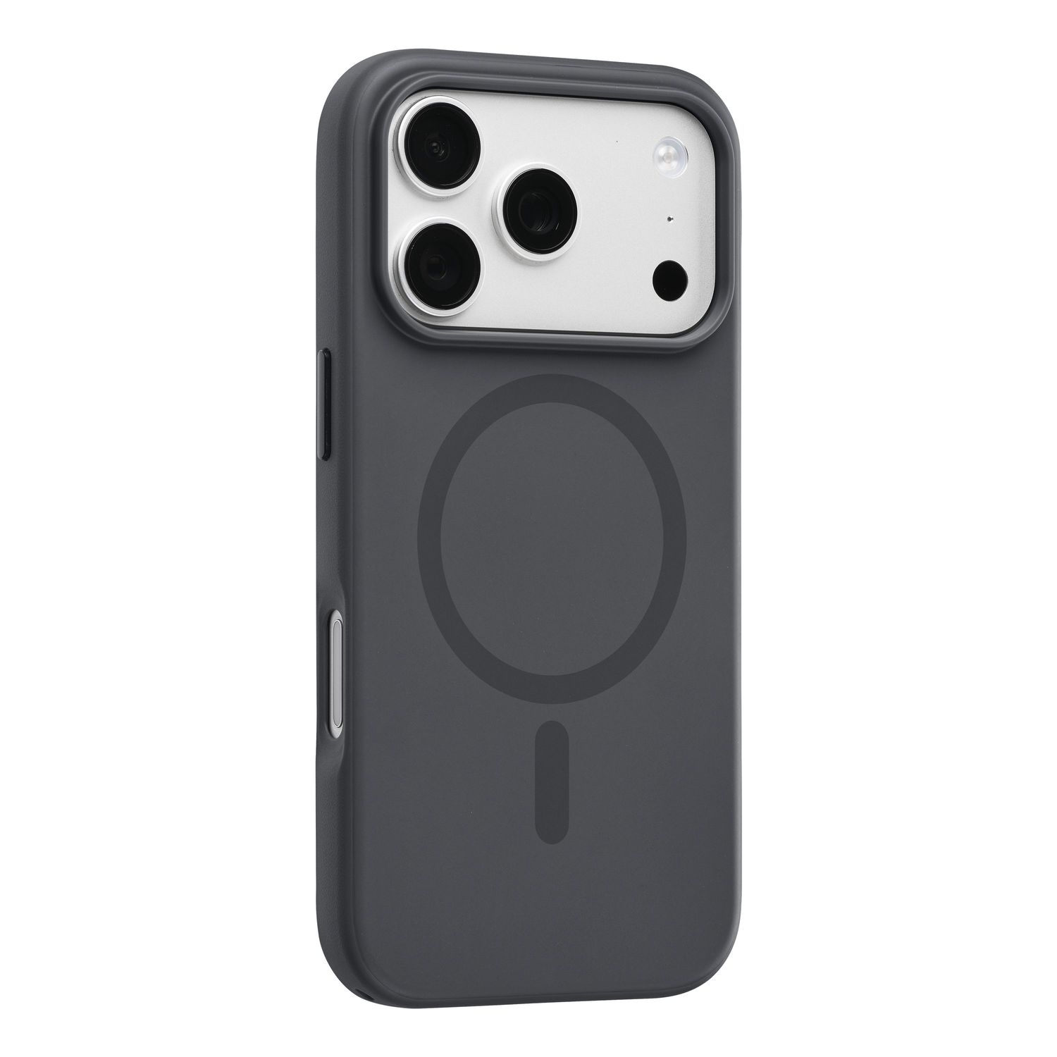 Eine dunkelgraue Smartphone-Hülle mit MagSafe-Ring auf der Rückseite und weißem Kameramodul mit drei Linsen.
