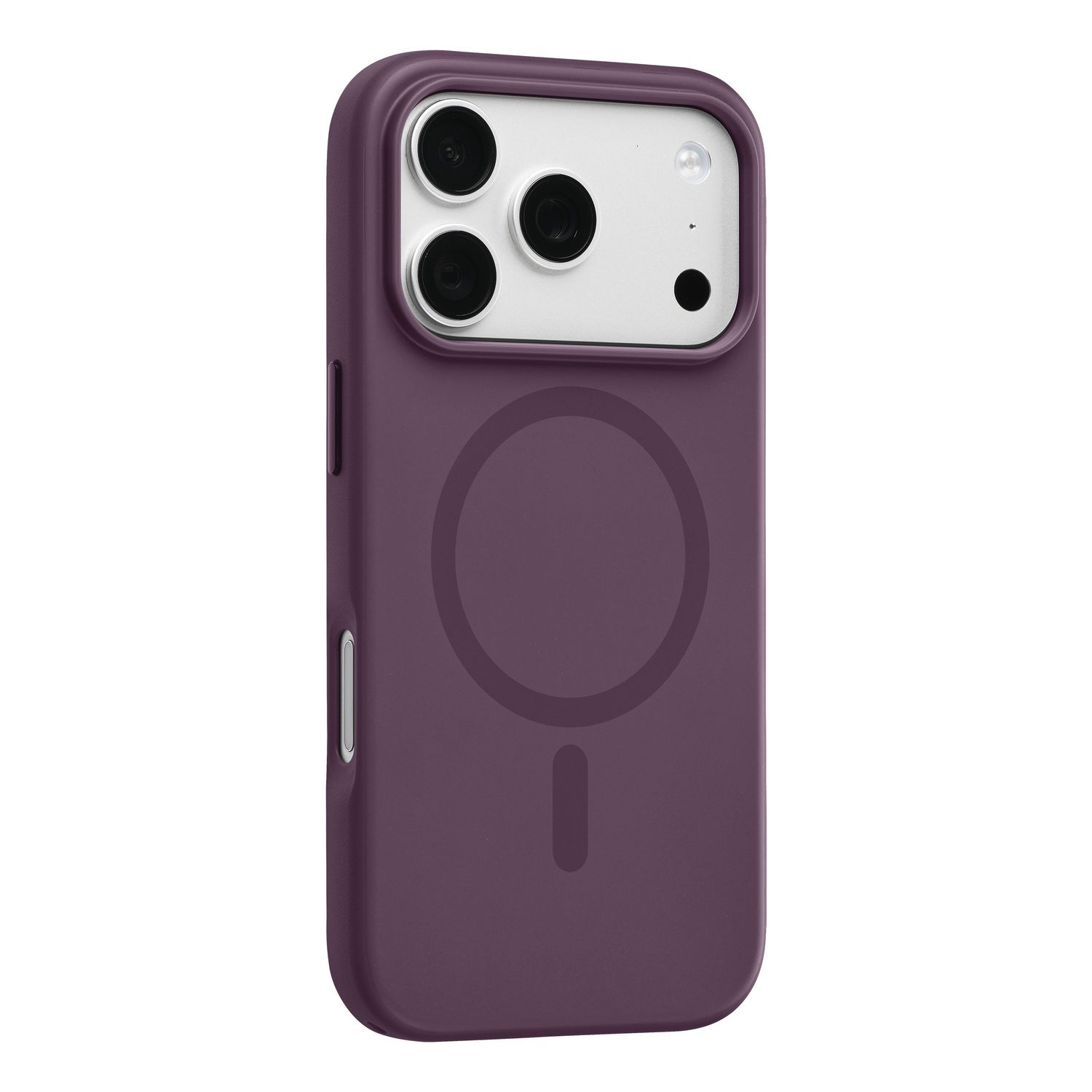 Eine lila Smartphone-Hülle mit einem runden MagSafe-Symbol auf der Rückseite und Ausschnitten für die drei Kameras.