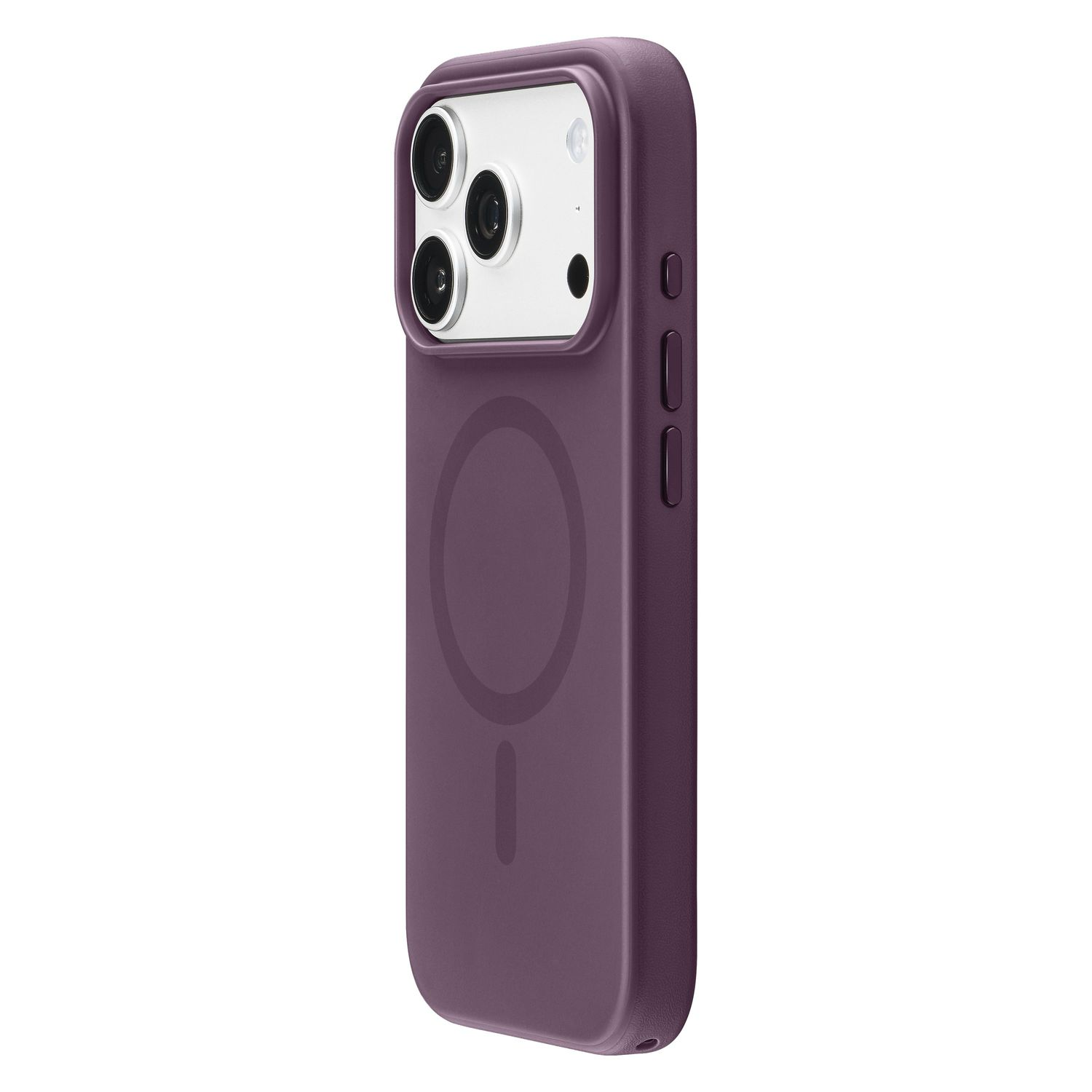 Lila Smartphone-Hülle mit MagSafe-Ring und Kameraaussparung auf weißem Hintergrund.