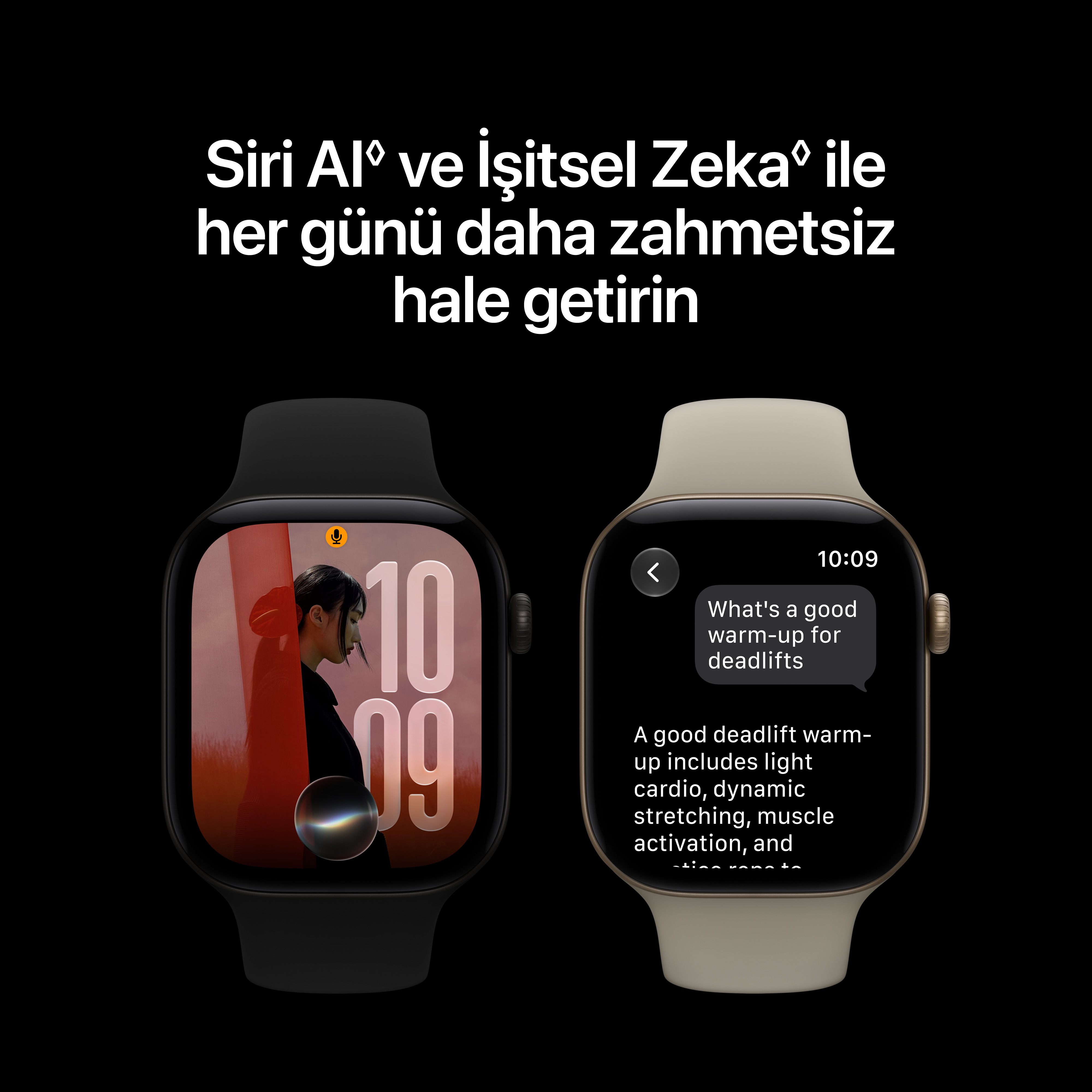 Siyah arka planda saat kadranı ve Siri mesajlaşma arayüzü gösteren iki akıllı saat.