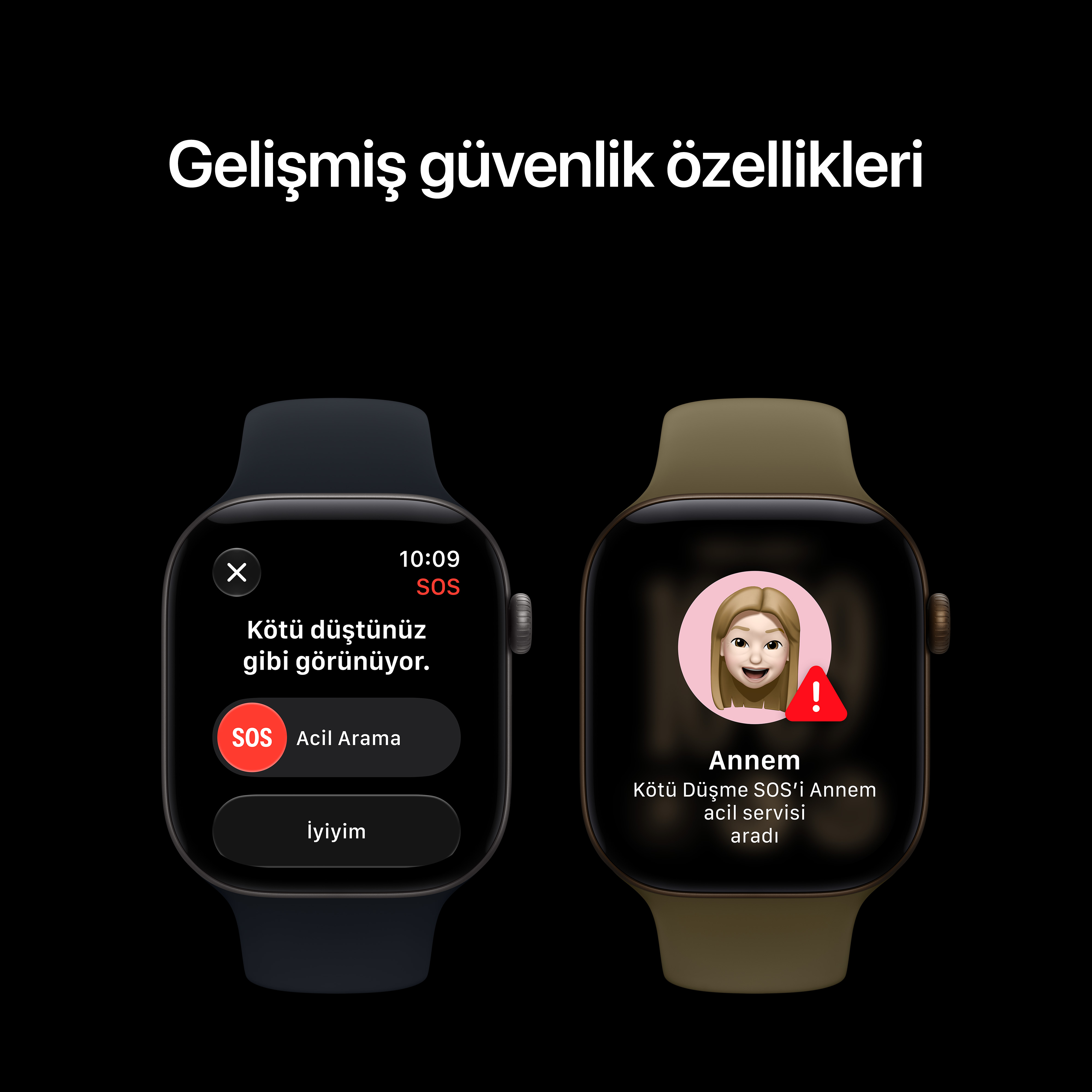 Siyah arka planda iki akıllı saat, acil durum ve düşme algılama özelliklerini gösteriyor.