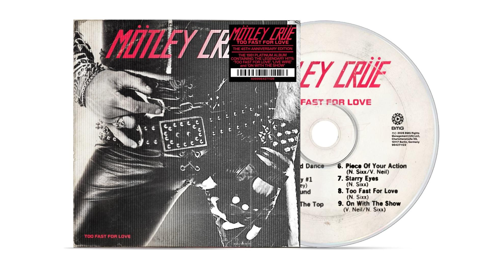 CD-Cover und CD der 45th Anniversary Edition von Motley Crue mit schwarz-weißem Artwork.