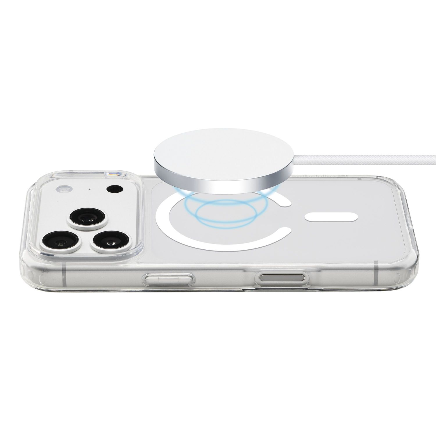 Ein Smartphone in einer transparenten Hülle lädt kabellos mit einem magnetischen Ladegerät.