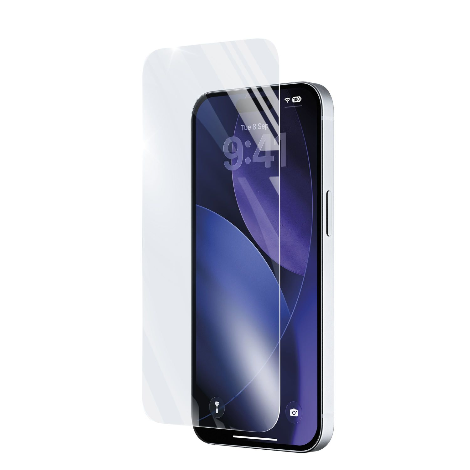 Ein Smartphone mit einem glänzenden, klaren Displayschutzglas, das leicht davor schwebt.