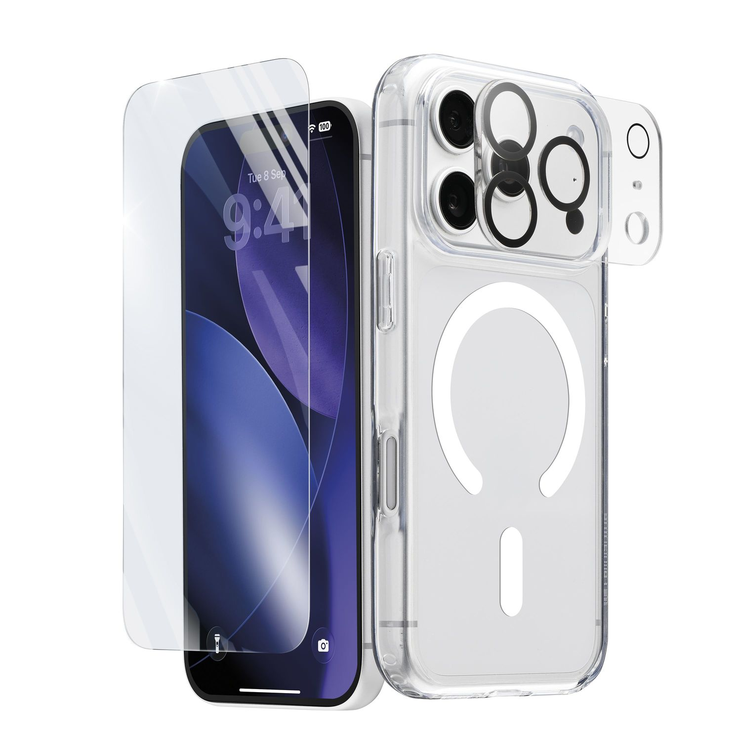 Ein Smartphone mit klarer Schutzhülle und Displayfolie auf weißem Hintergrund.
