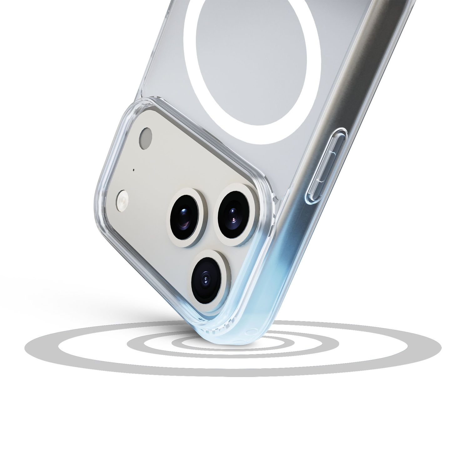 Ein Smartphone mit klarer Hülle steht auf grauen Ringen vor weißem Hintergrund.