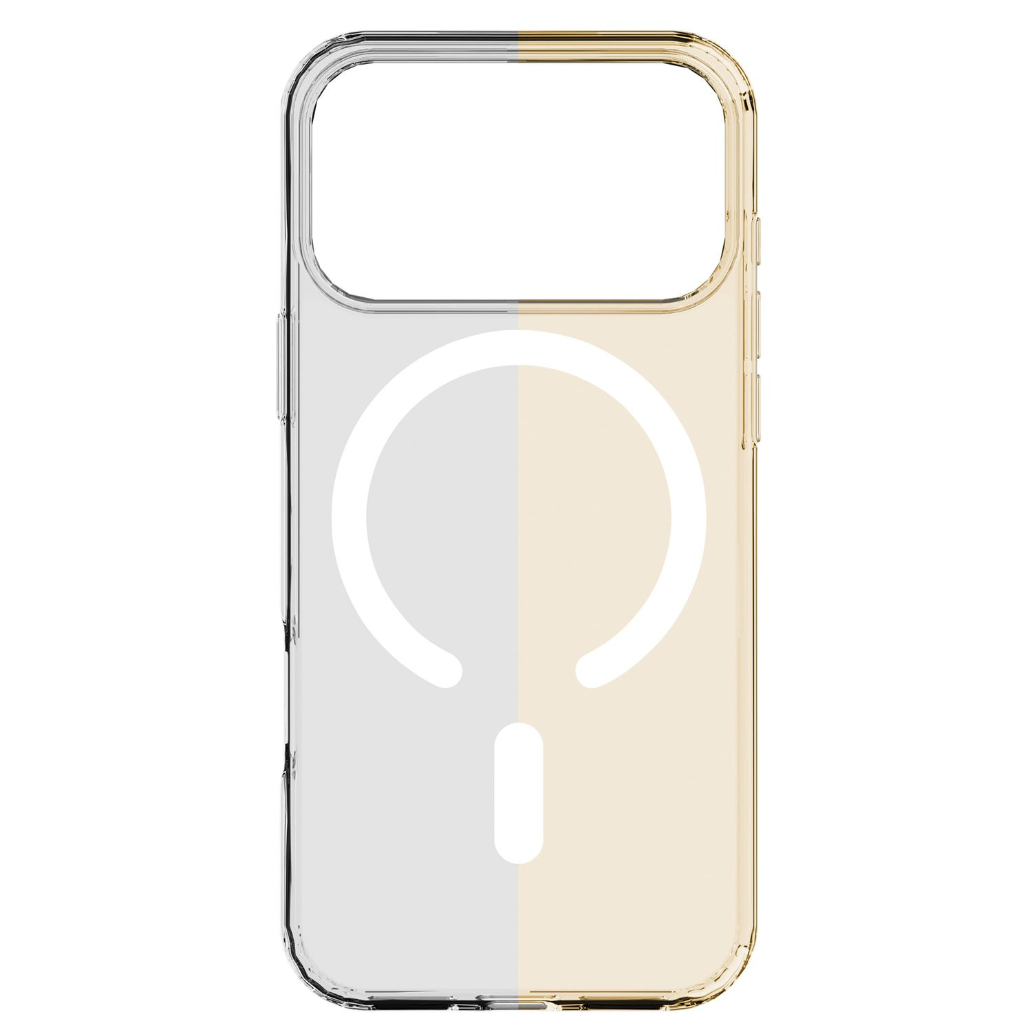 Transparente Handyhülle mit MagSafe-Ring, halb silber und halb gold.