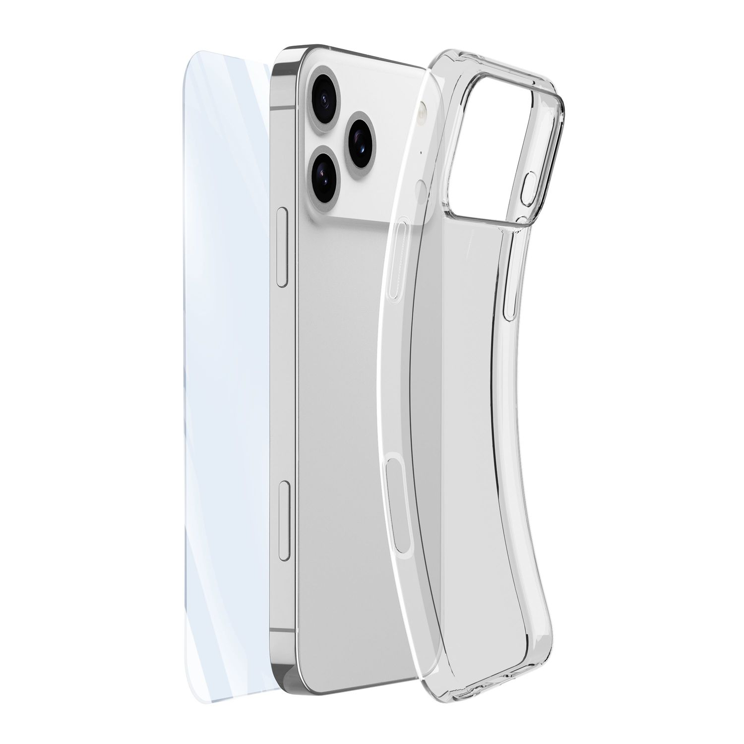Ein silbernes Smartphone mit transparenter Schutzhülle und Displayschutzfolie vor weißem Hintergrund.