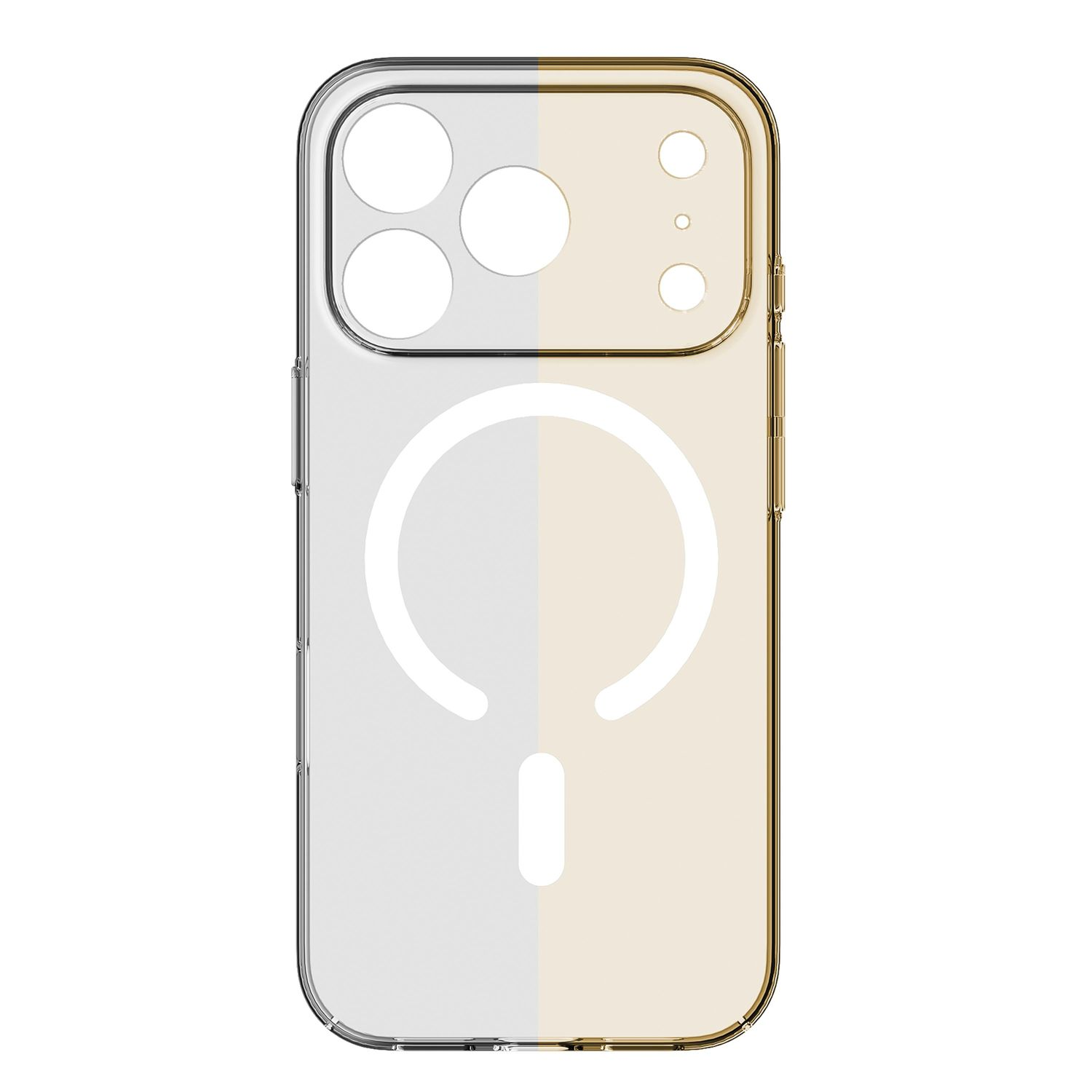 Klare Smartphone-Hülle mit MagSafe-Ring, aufgeteilt in Silber- und Goldtöne.