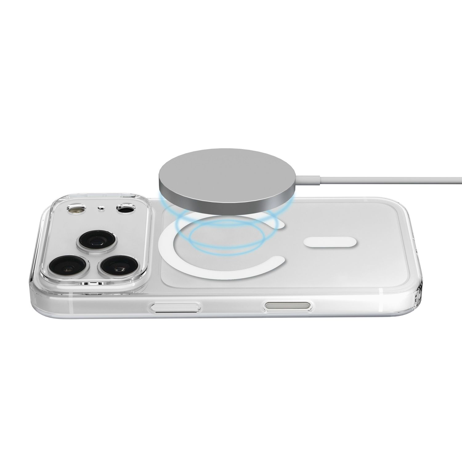 Ein Smartphone mit transparenter Hülle wird kabellos mit einem runden silbernen Ladegerät geladen.