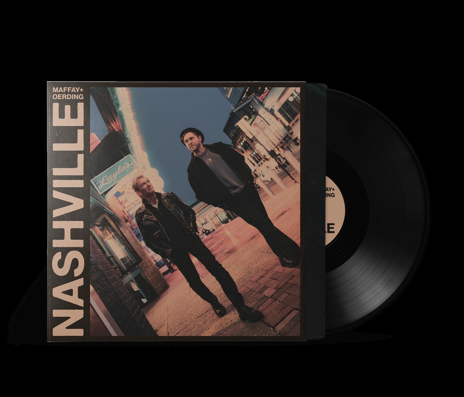 Vinyl-Albumcover mit dem Titel NASHVILLE zeigt zwei Männer, die nachts auf einer neonbeleuchteten Straße gehen.
