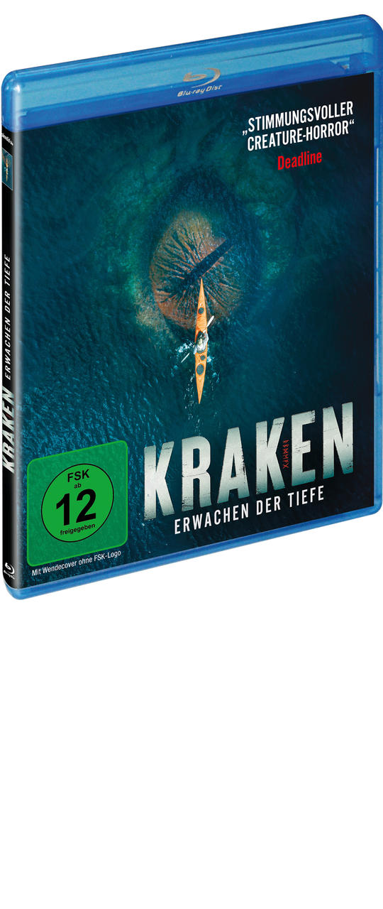 Blu-ray-Hülle des Films Kraken - Erwachen der Tiefe mit einem Kajak über einem riesigen Auge im Wasser.