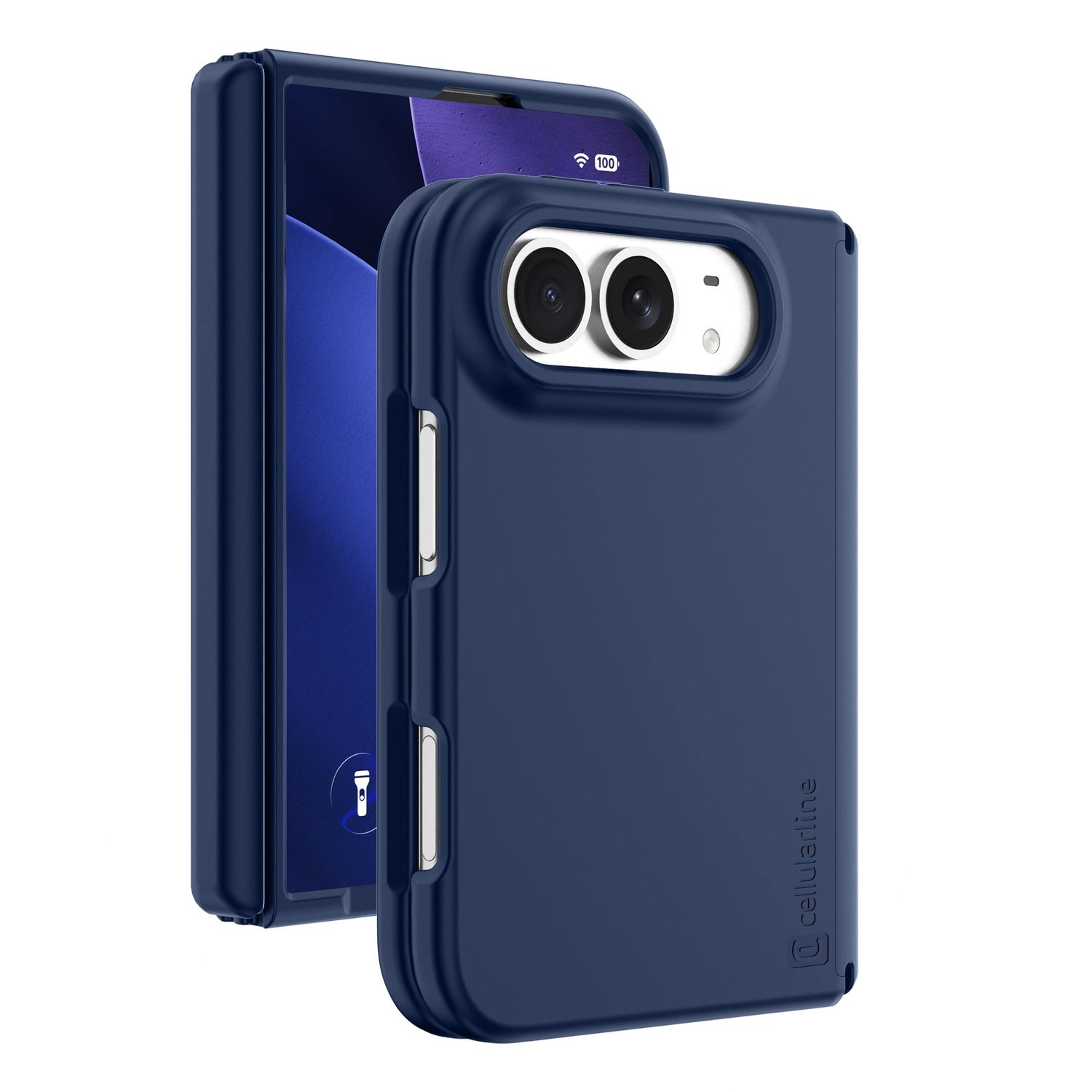 Ein blaues Foldable-Smartphone in einer blauen Schutzhülle zeigt zwei Kameraobjektive und die Benutzeroberfläche.