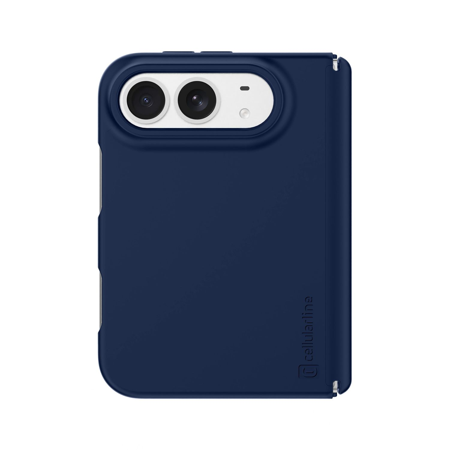 Dunkelblaue Klapphülle für ein Smartphone mit Aussparung für zwei Kameras und weißem Rahmen.