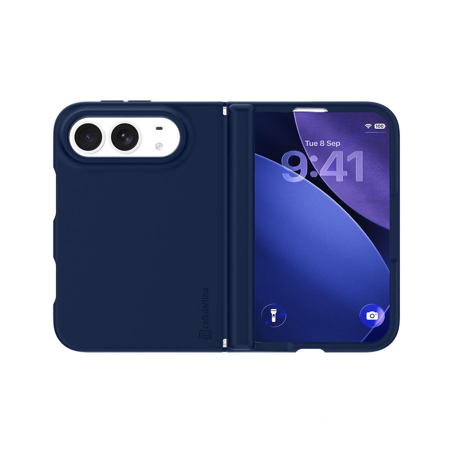 Ein faltbares Smartphone in einer blauen Schutzhülle mit sichtbarer Kamera auf der Rückseite und eingeschaltetem Display.
