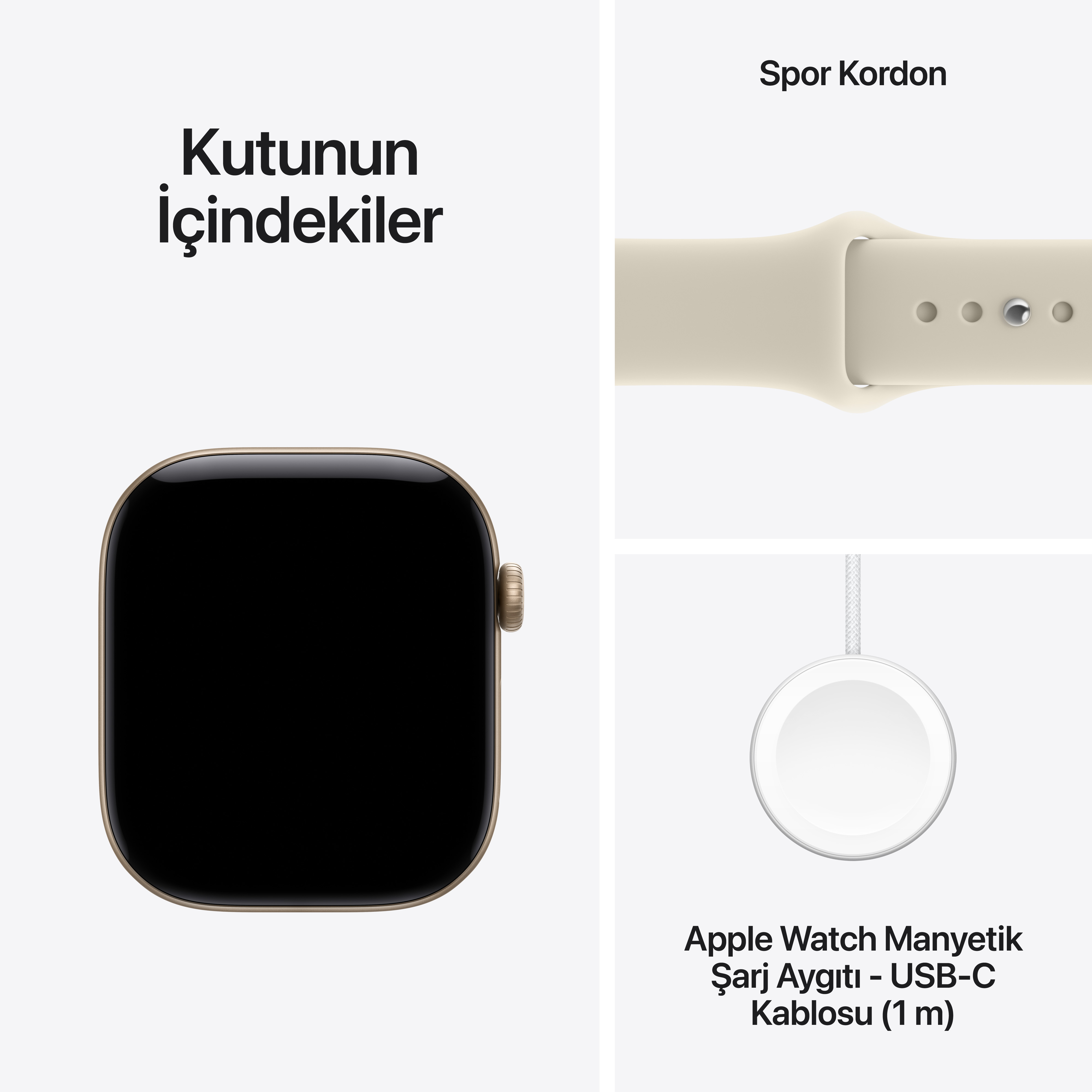 Kutunun içindekiler: Bir Apple Watch, bir spor kordon ve bir manyetik USB-C şarj kablosu.