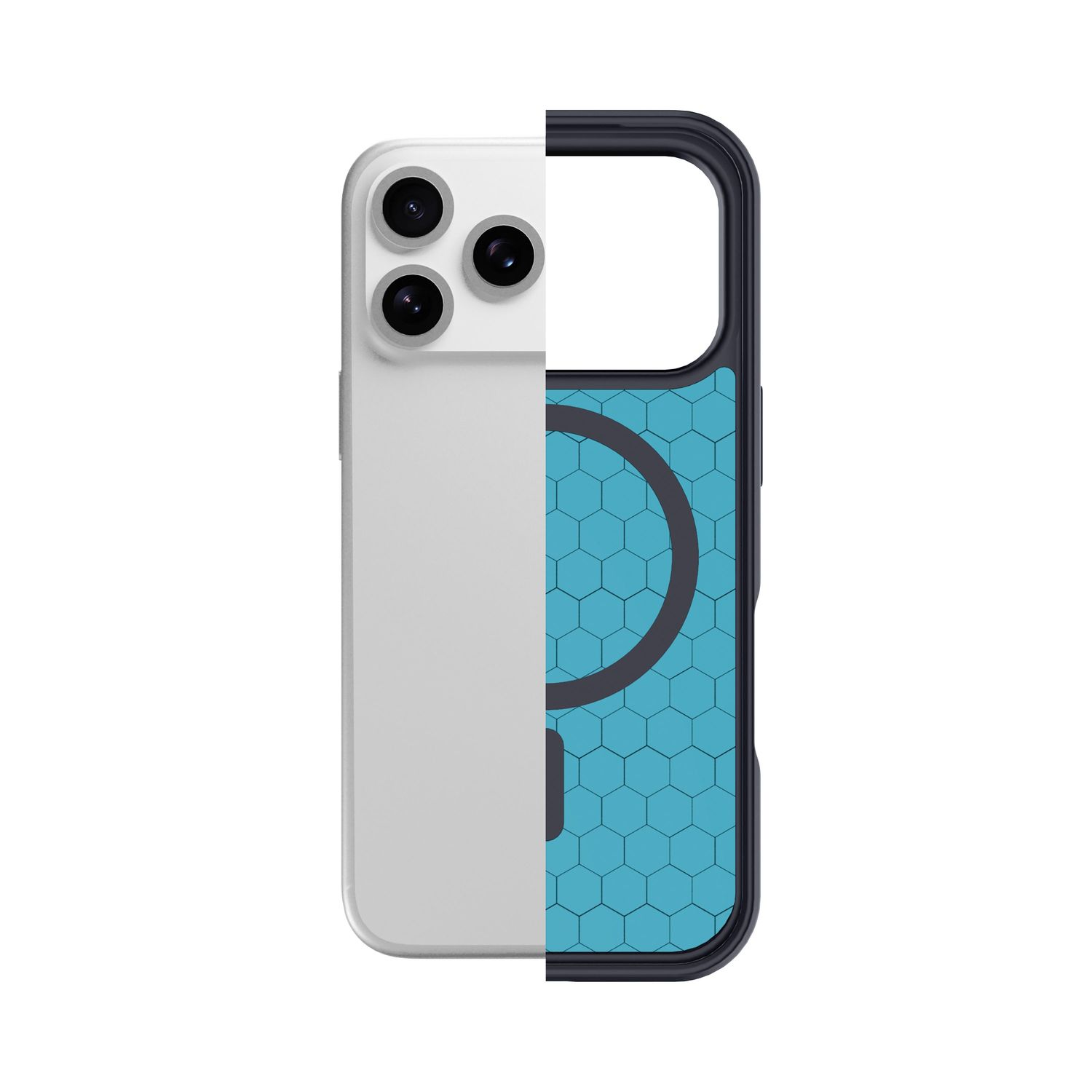 Geteilte Ansicht: Ein weißes Smartphone links und eine blaue Hülle mit Wabenmuster und magnetischem Ring rechts.