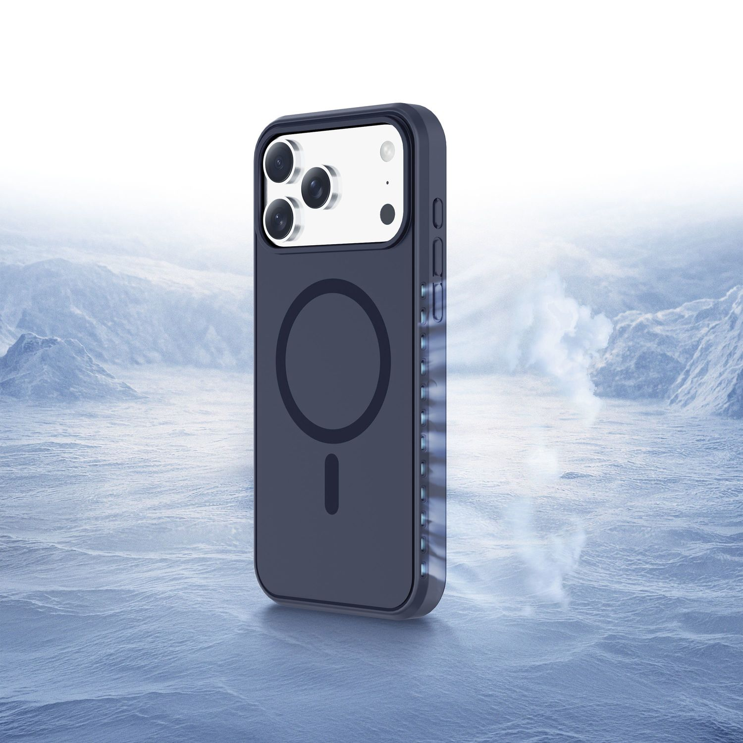Ein Smartphone in einer Kühlerhülle steht aufrecht vor einer eisigen Bergkulisse mit sichtbaren kühlen Luftströmen.