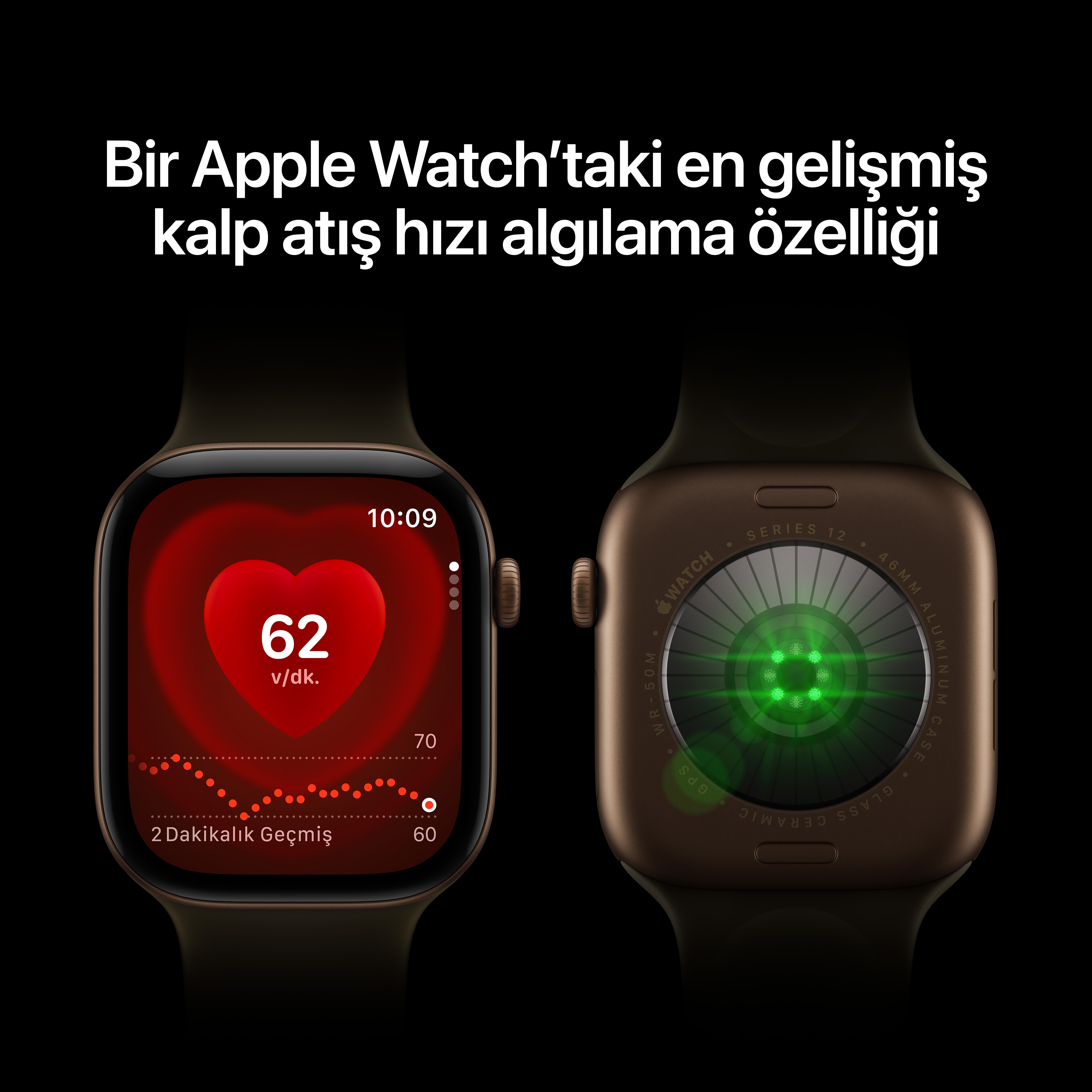 Ekranda 62 bpm kalp atış hızını ve arkada yeşil sensörleri gösteren Apple Watch'un iki görünümü.