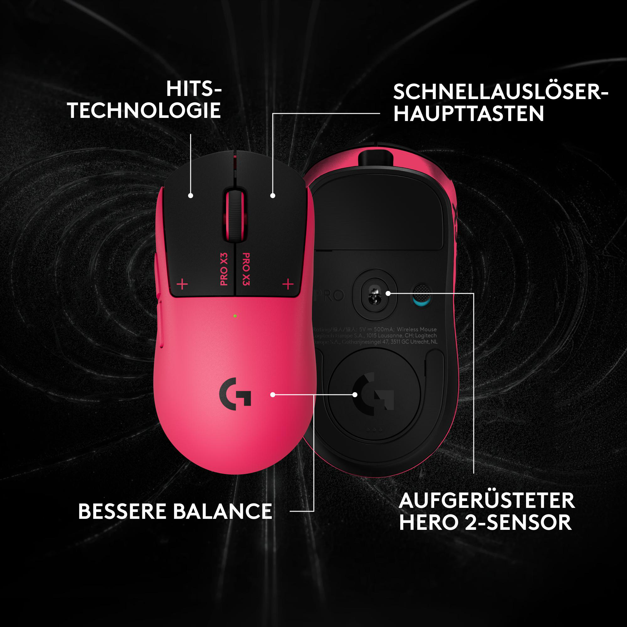 Eine rosa und schwarze kabellose Gaming-Maus mit deutschen Beschriftungen zu Technologie, Balance und Sensor.