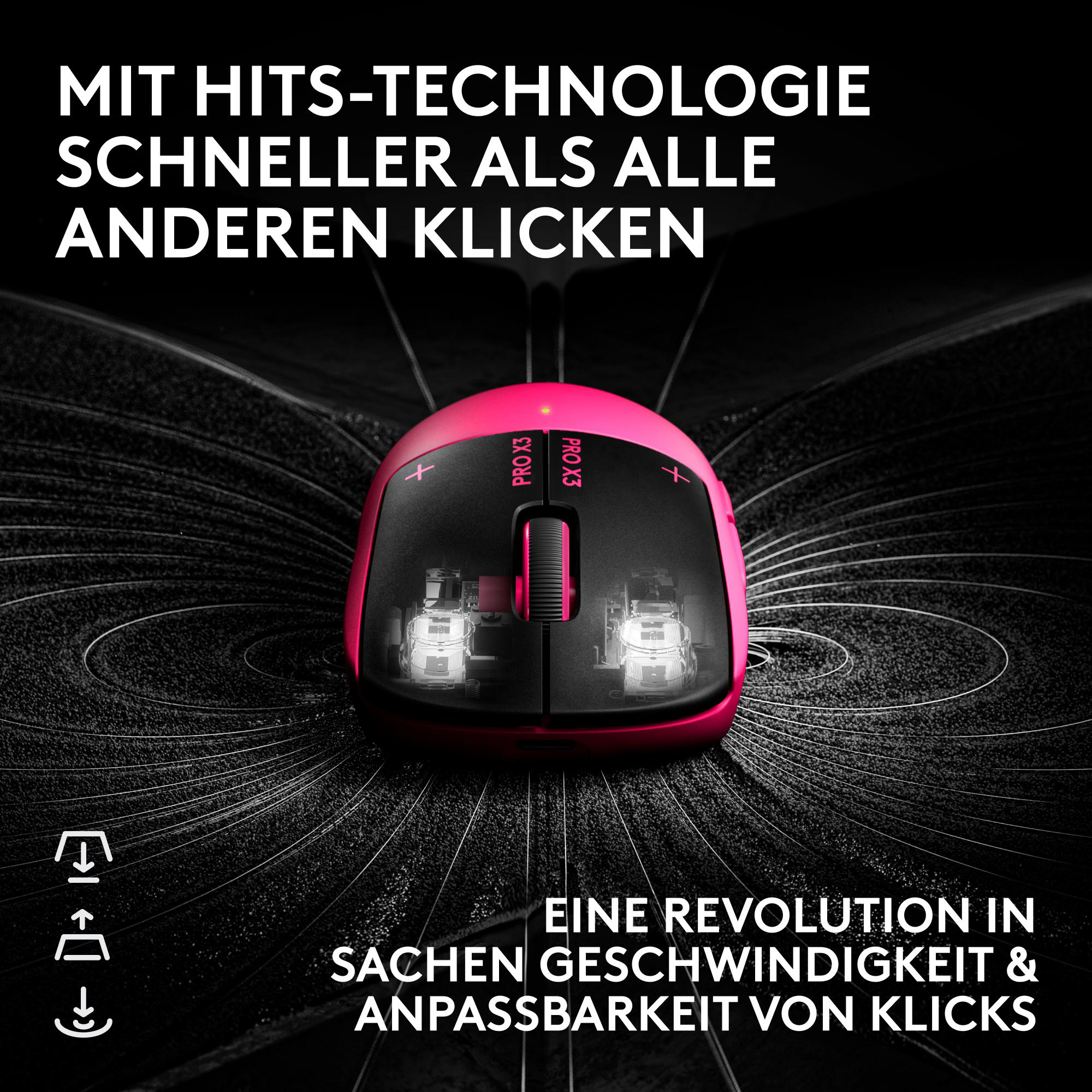 Eine rosa Gaming-Maus auf dunklem Hintergrund mit deutscher Werbetext und sichtbaren Klickmechanismen.