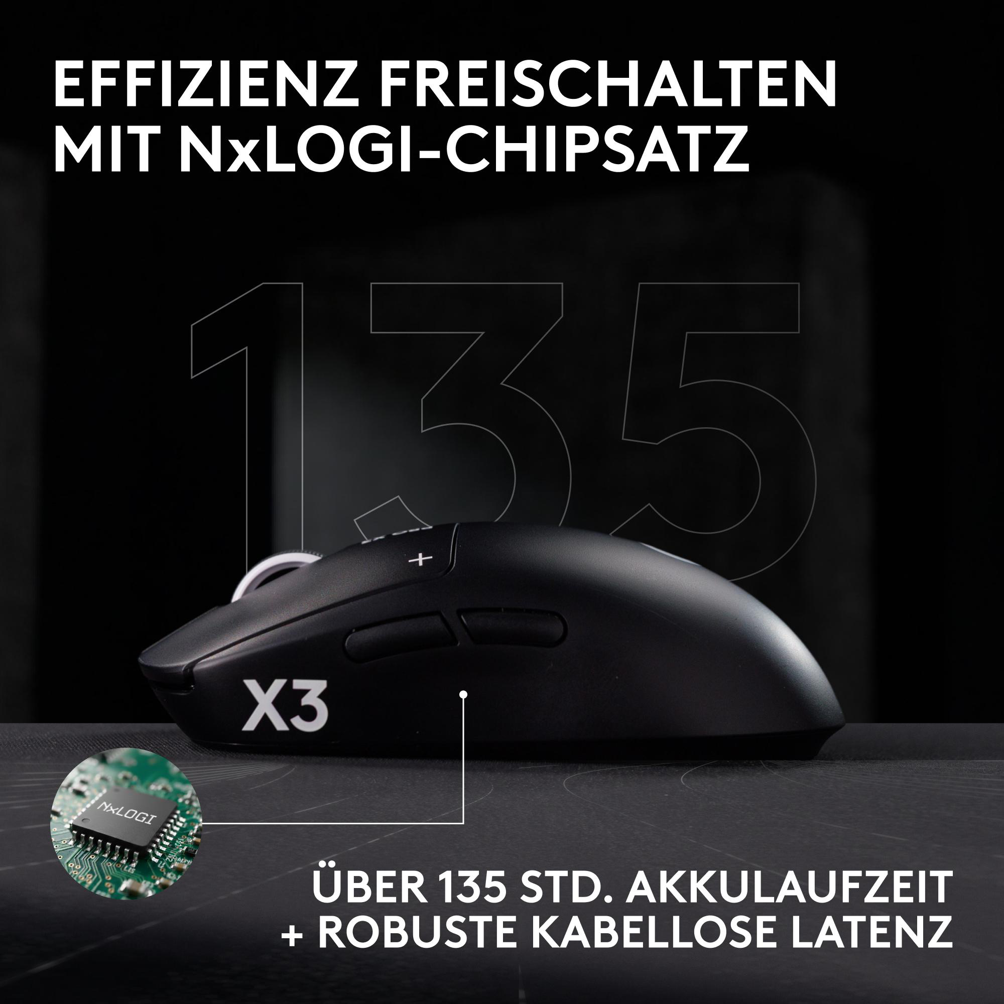 Schwarze X3-Gaming-Maus mit Chip-Inlay, die über 135 Stunden Akkulaufzeit bietet.