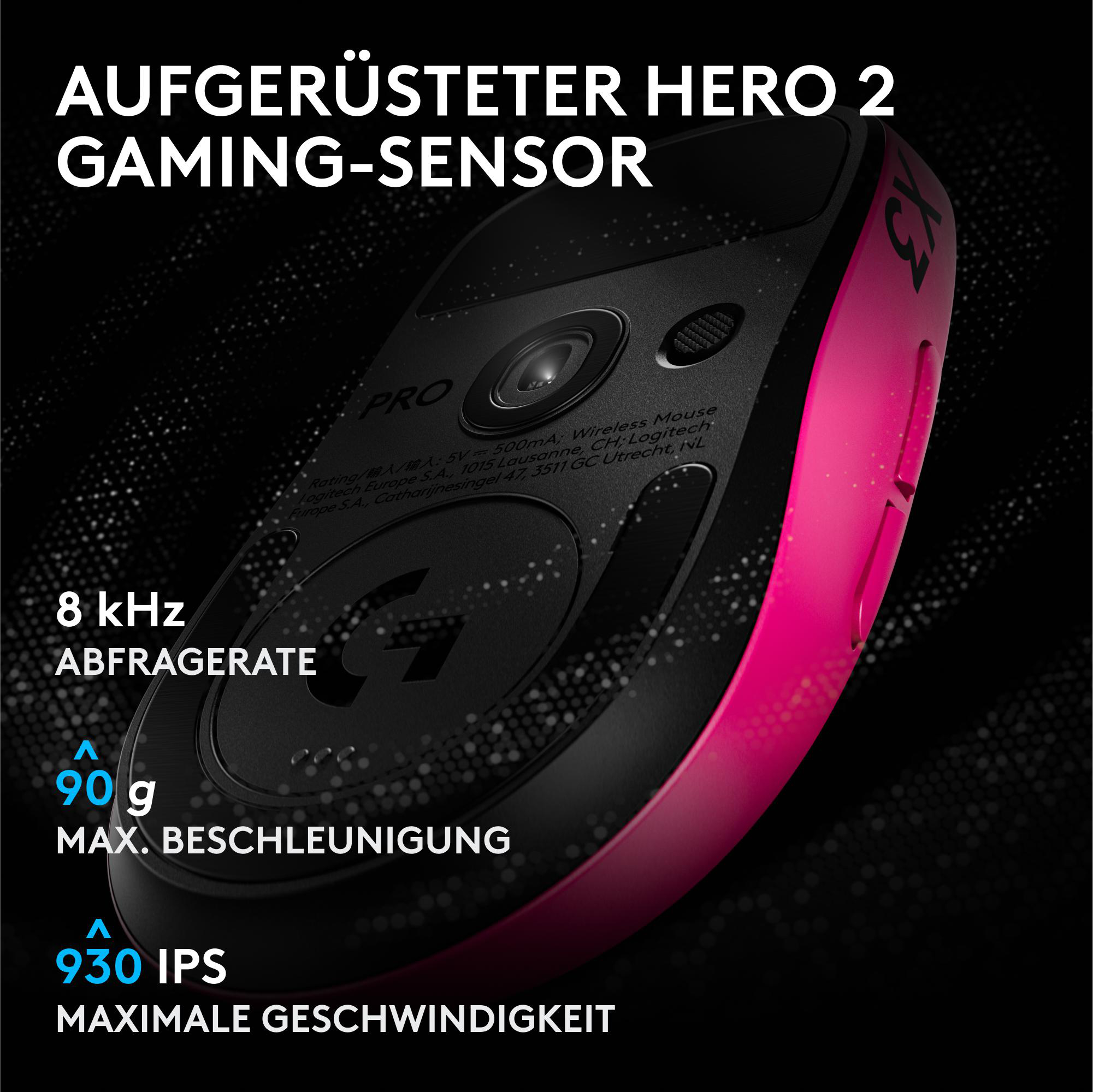 Unterseite einer pink-schwarzen Gaming-Maus mit Sensor und technischen Texten.