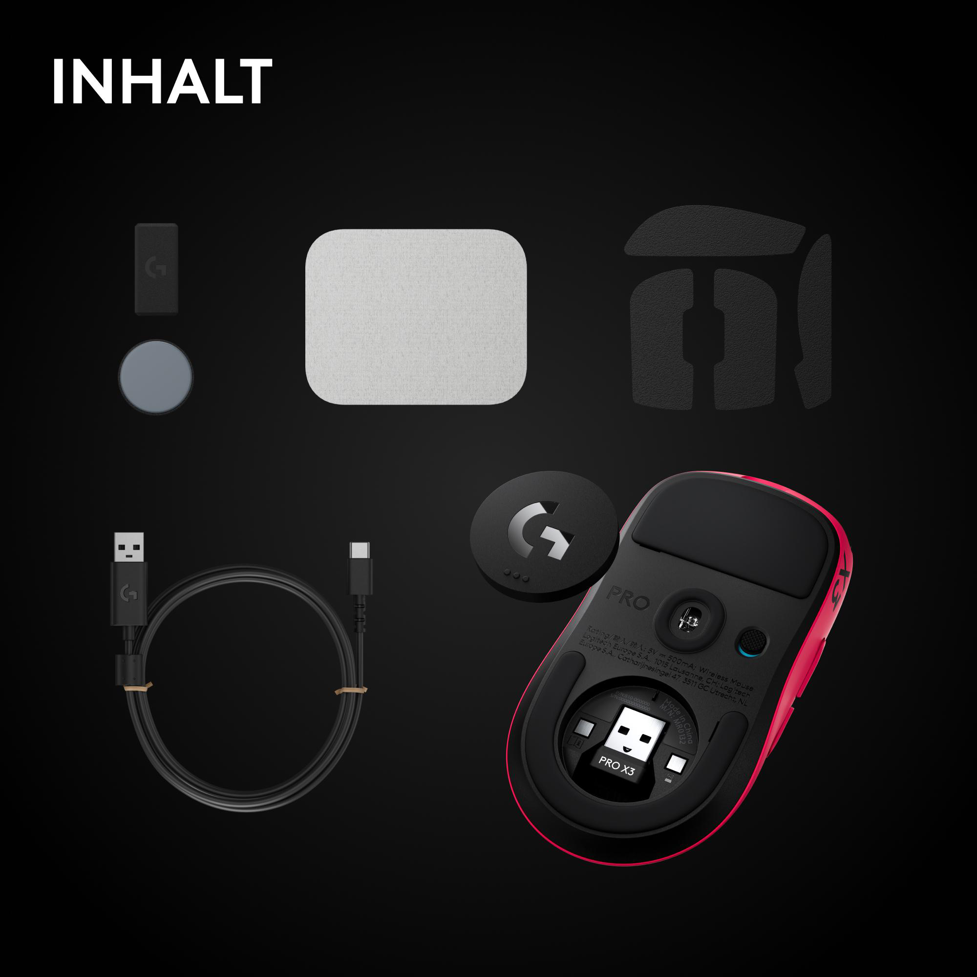 Lieferumfang mit roter Logitech-Maus, USB-Kabel, Empfänger, Aufklebern und Zubehör auf schwarzem Hintergrund.