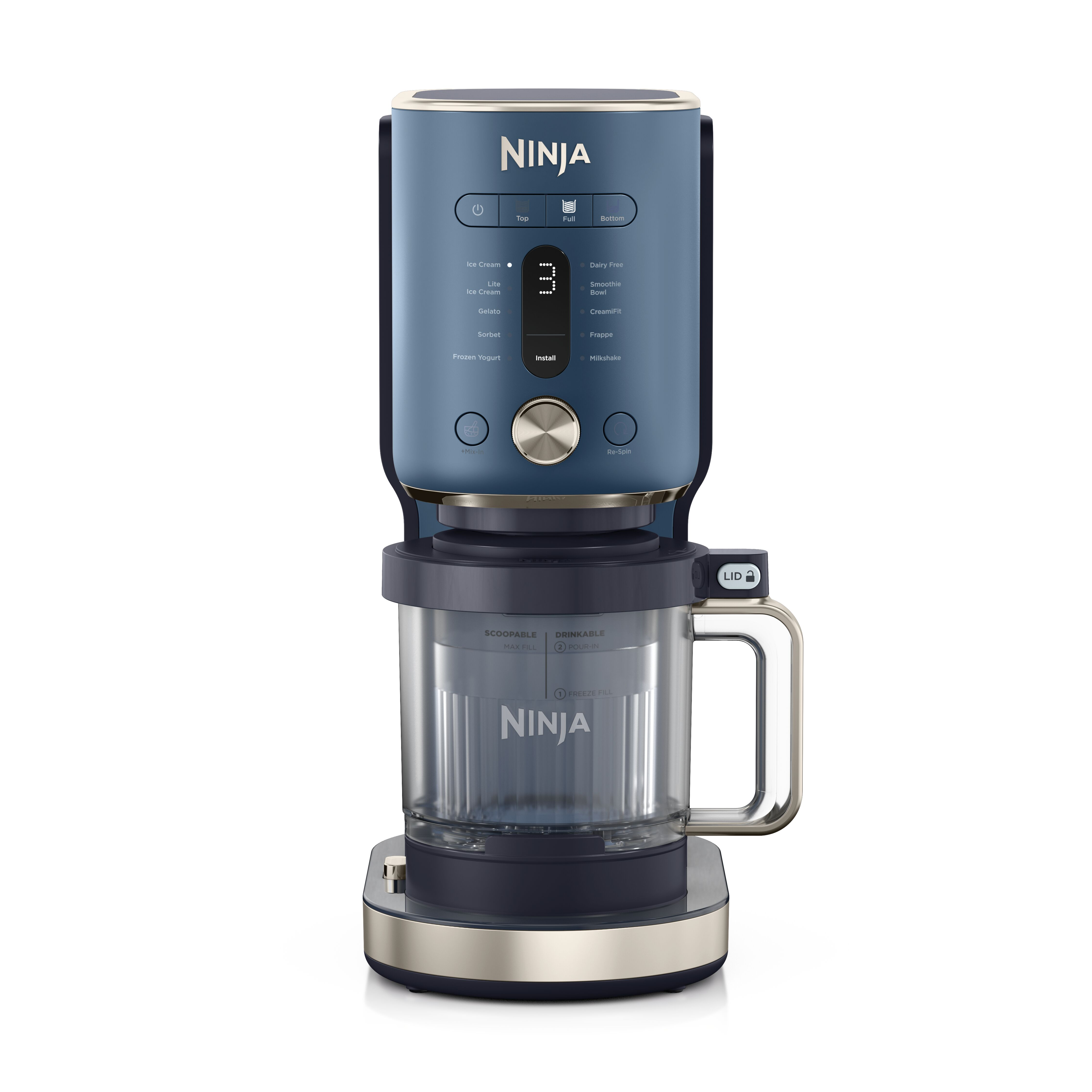 Eine blaue Ninja Eismaschine mit digitalem Display und durchsichtigem Behälter auf einer silbernen Basis.