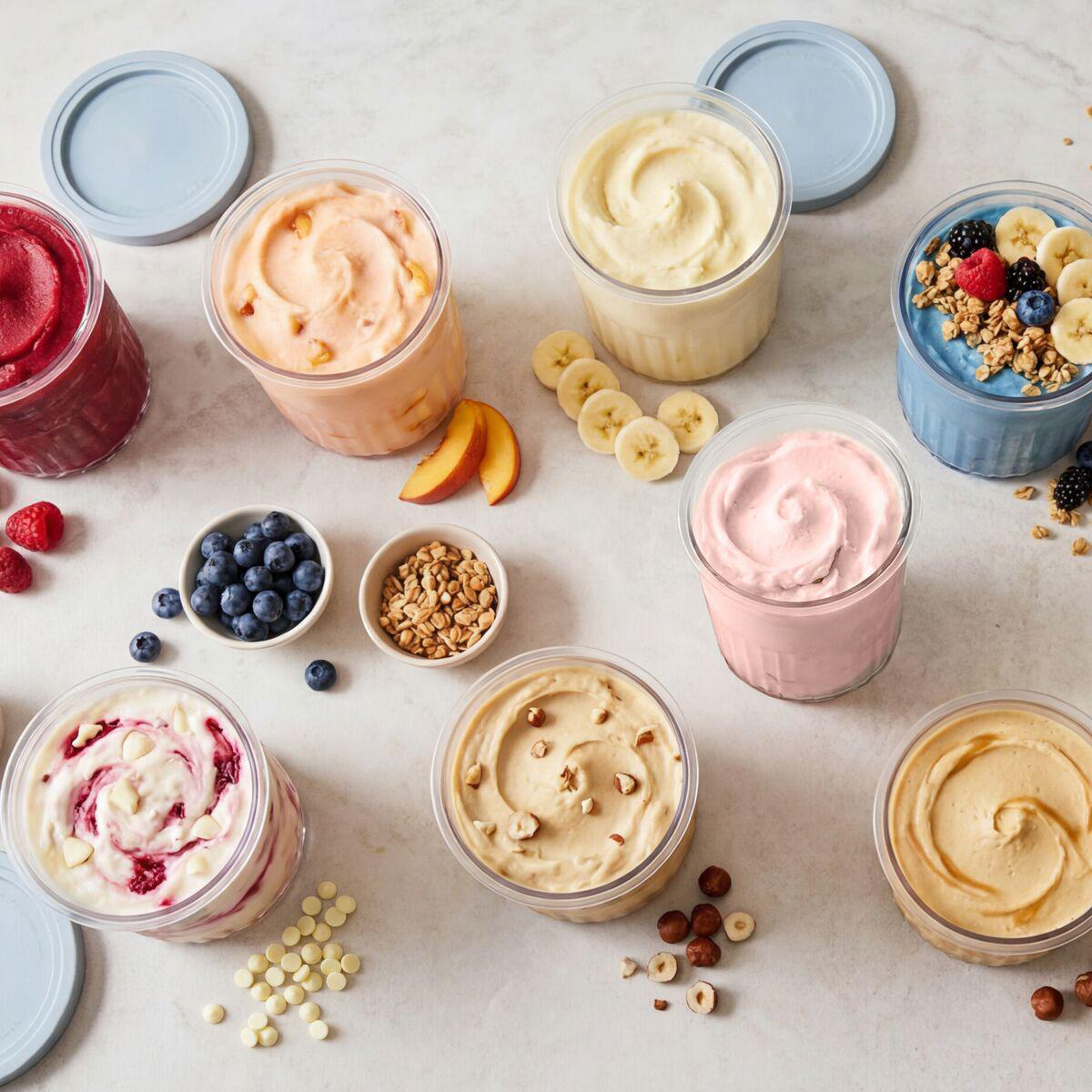 Acht Behälter mit verschiedenen Smoothies, Früchten und Toppings auf einer hellen Arbeitsplatte angeordnet.