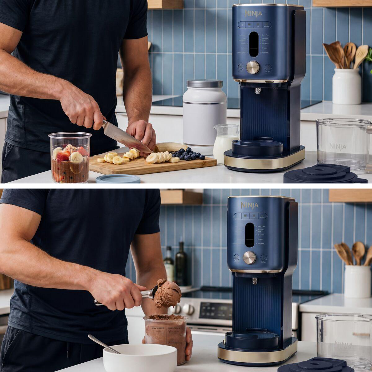 Ein Mann bereitet Obst vor und scoopt Eis in einer Küche mit einer blauen Ninja-Maschine.