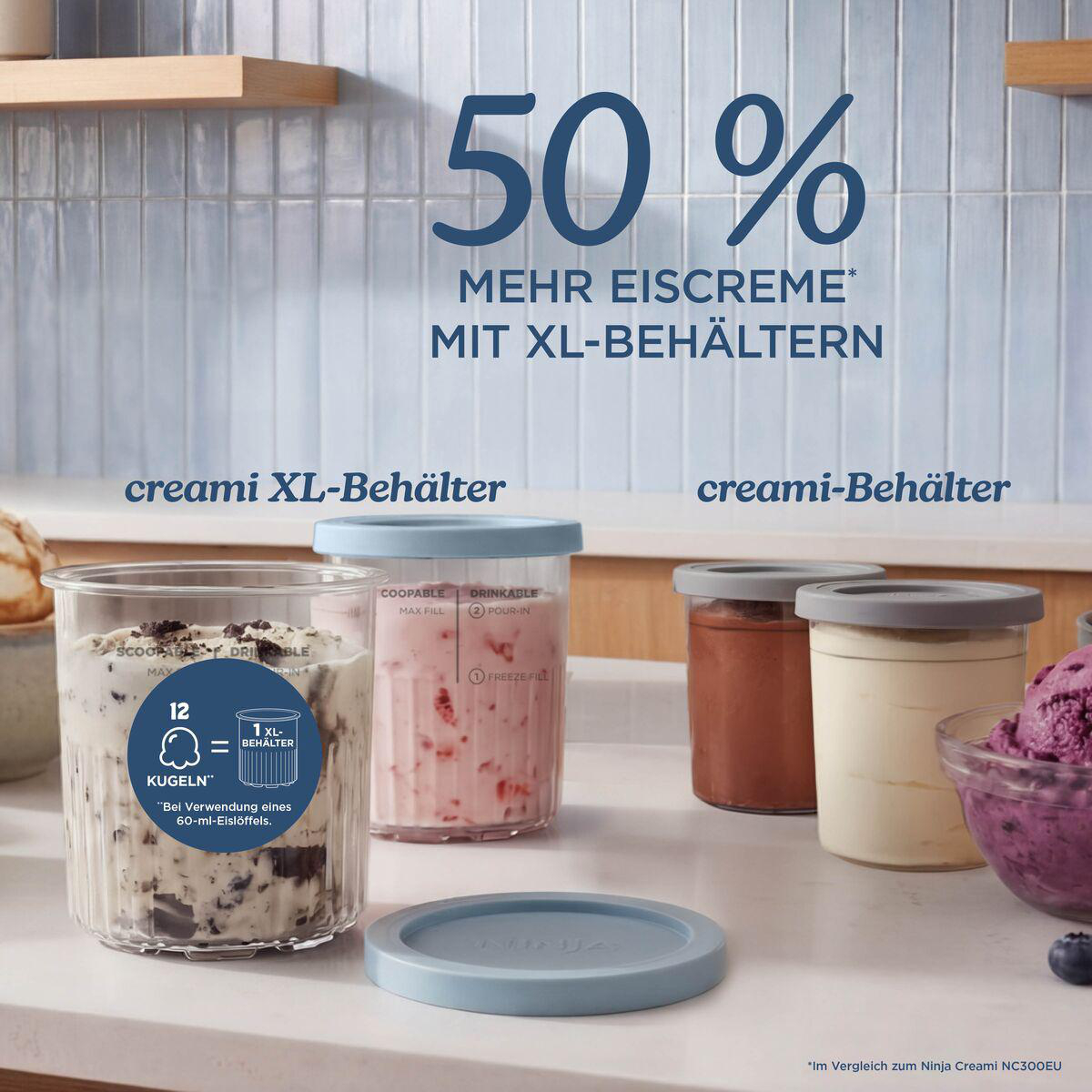 Vergleich von Ninja Creami XL-Behältern mit Standardbehältern auf einer Küchentheke mit Eistext.