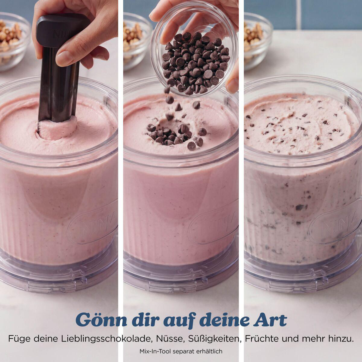 Drei Schritte zeigen, wie Schokodrops in rosa Eiscreme gefüllt werden.