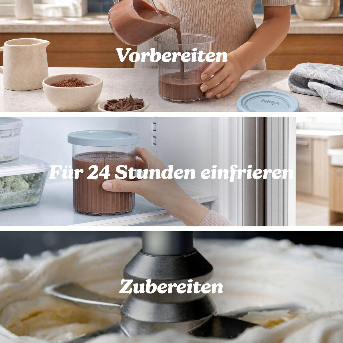 Drei Schritte zur Eiszubereitung: Mischung eingießen, 24 Stunden einfrieren und mit der Eismaschine verarbeiten.