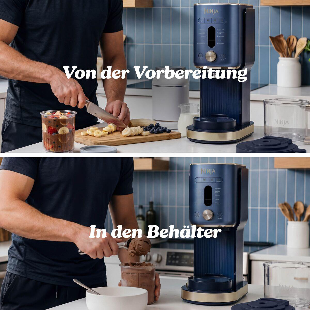 Ein Mann bereitet Obst zu und füllt Eiscreme in einen Behälter neben einer blauen Ninja-Maschine.