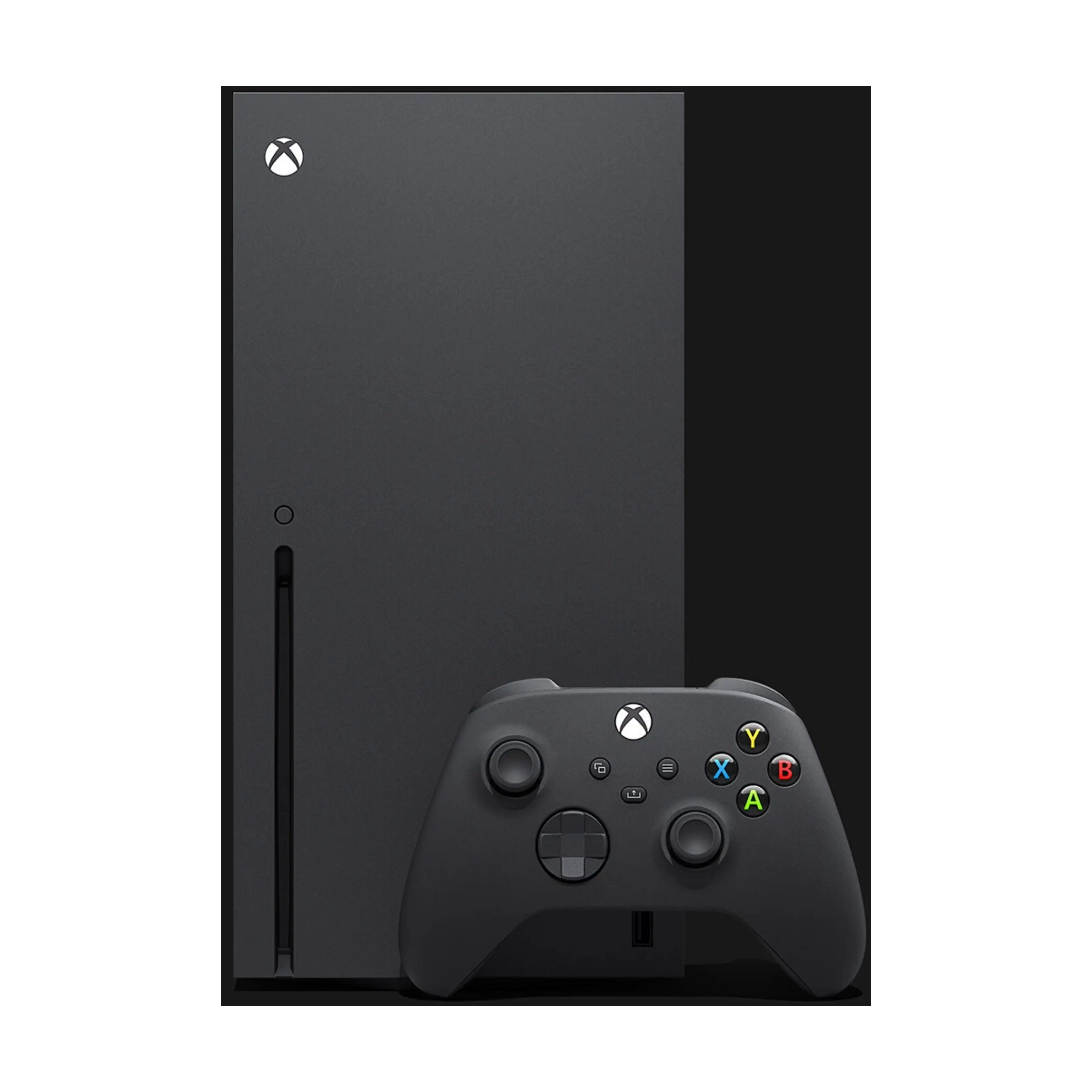 Czarna konsola Xbox Series X i pasujący kontroler bezprzewodowy na ciemnym tle.